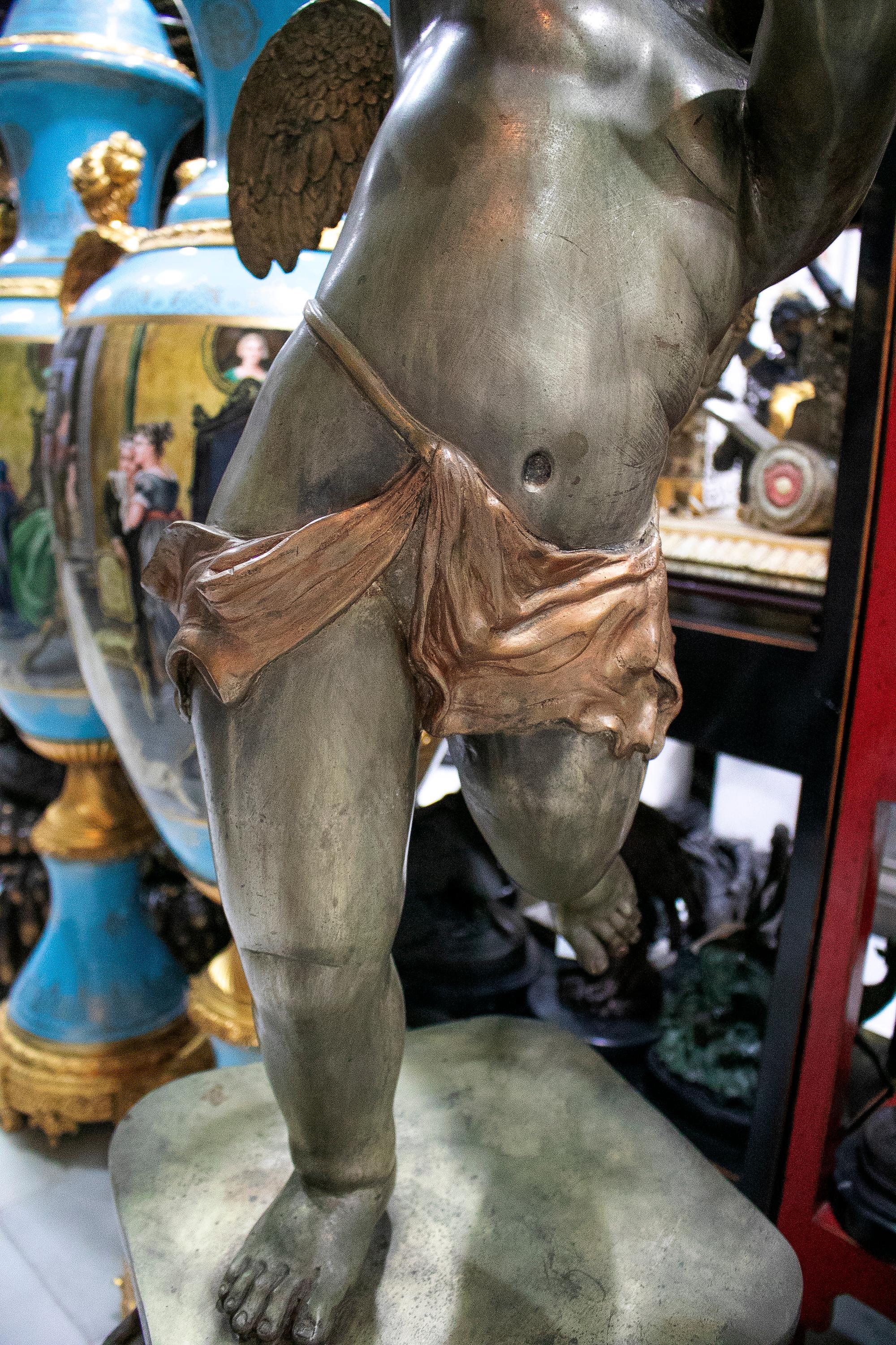 Large Bronze Polychrome Winged Angel Statue and Base Standing Candelabra In Good Condition For Sale In Marbella, ES
