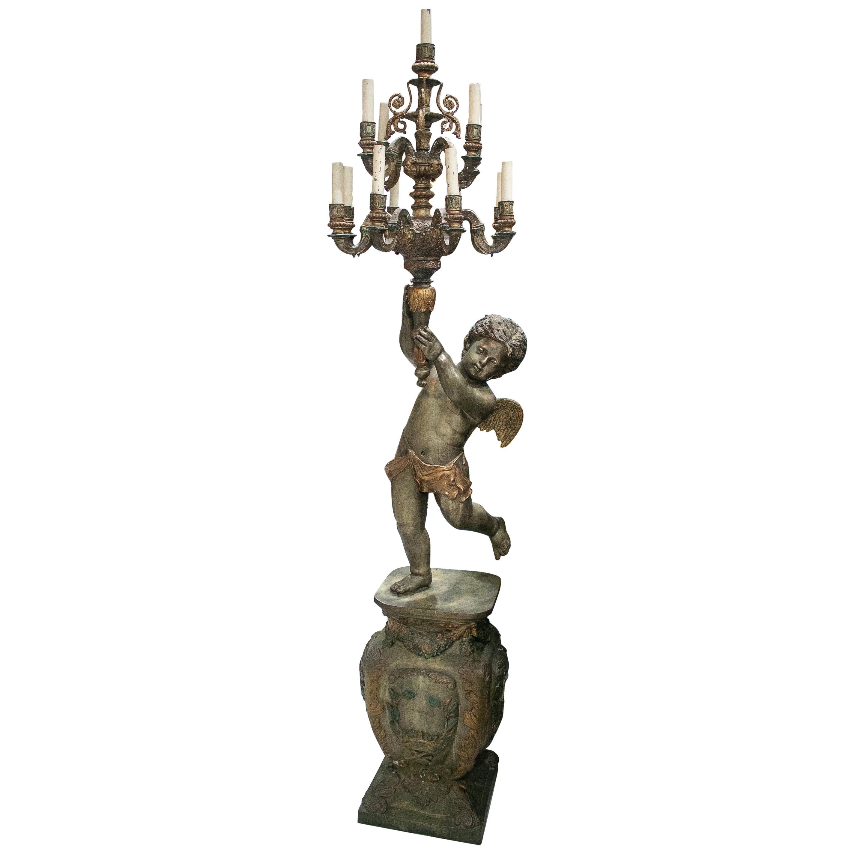 Large Bronze Polychrome Winged Angel Statue and Base Standing Candelabra