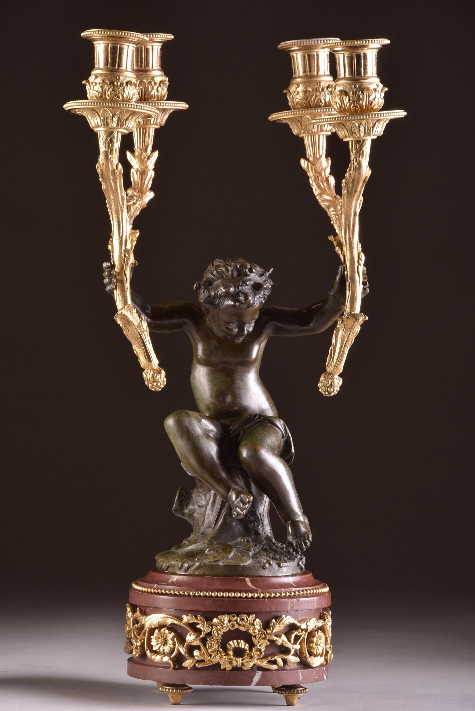 French Large Bronze Putti Candlesticks Signed Clodion For Sale