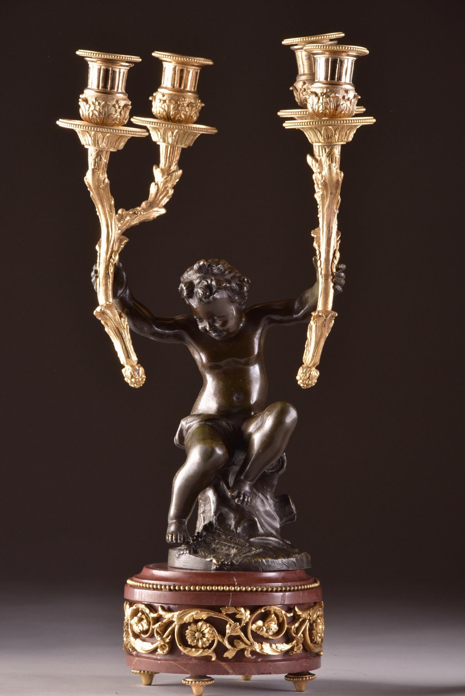 Gilt Large Bronze Putti Candlesticks Signed Clodion For Sale