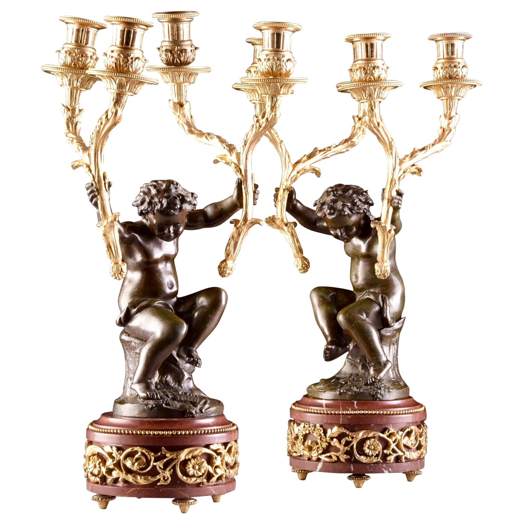 Large Bronze Putti Candlesticks Signed Clodion For Sale