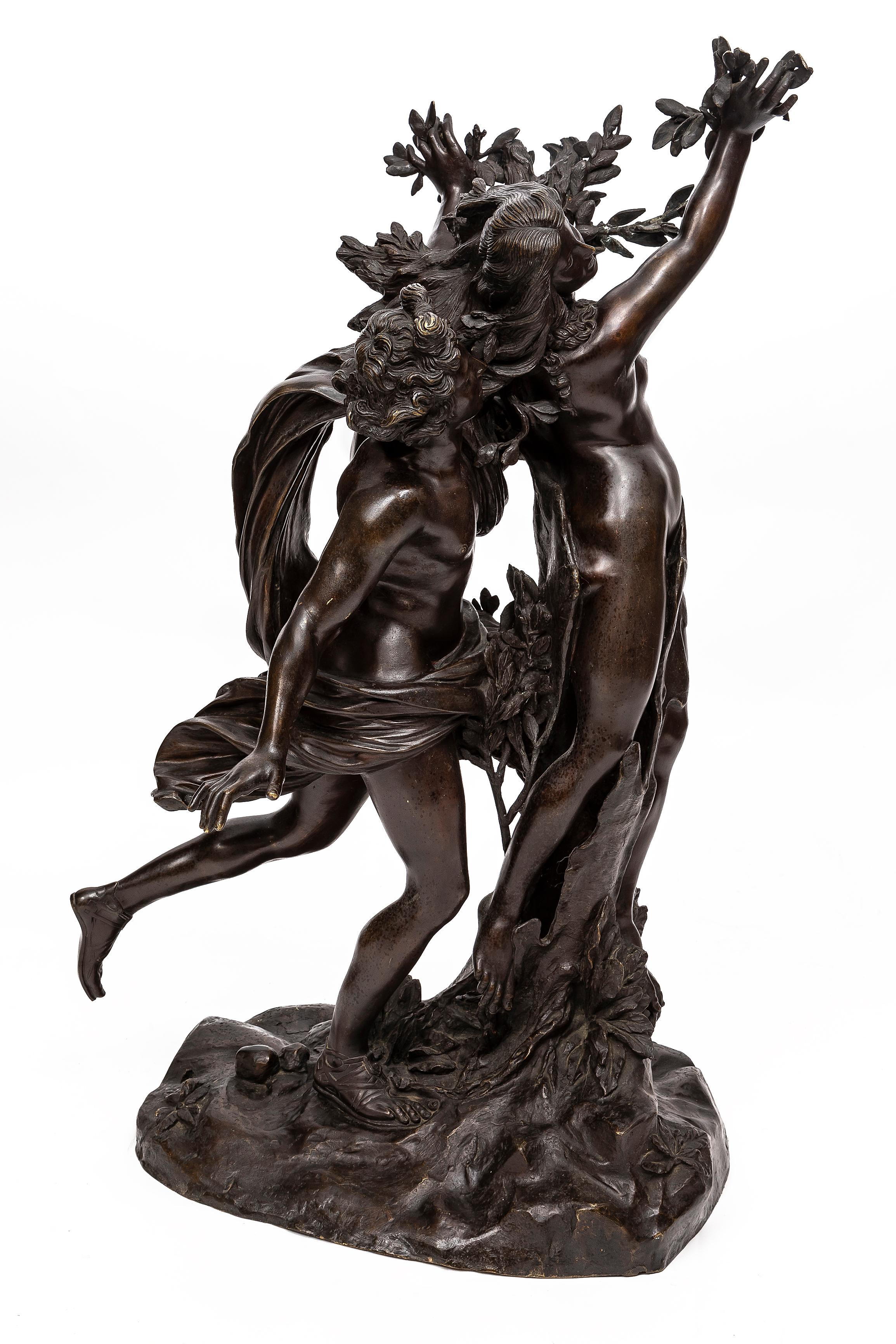 Large Bronze Sculpture Apollo & Daphne, After Giovanni Gian Lorenzo Bernini (Italian, 1598–1680)

This large bronze sculpture depicts the mythological figures Apollo and Daphne at the climactic moment of transformation, inspired by Bernini’s