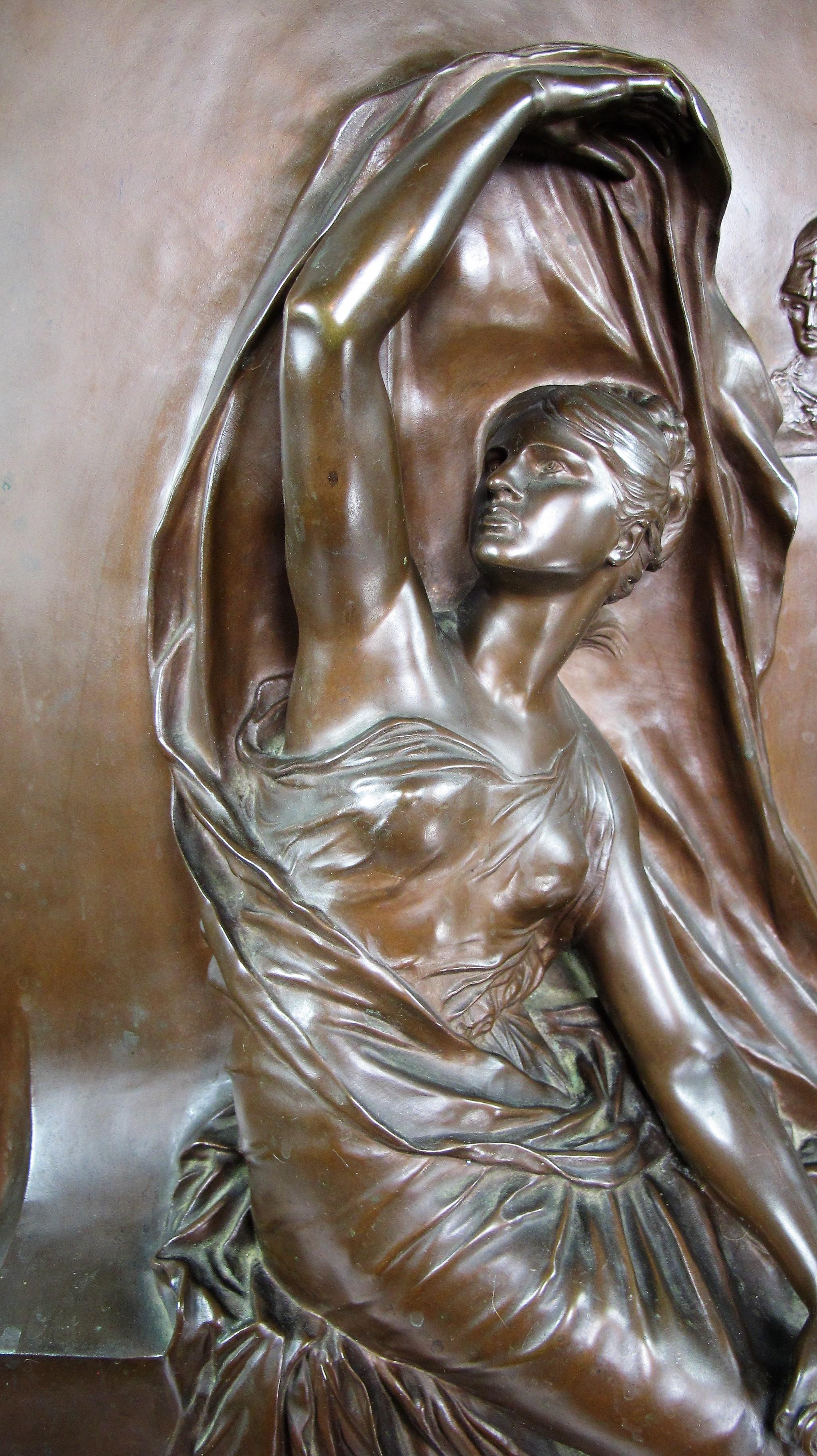 Large bronze subject with medal patina in high relief on a granite base. Sculpture representing a young woman seated dressed in an antique drape, holding a parchment in one hand and delicately removing her veil with the other, a particularly elegant