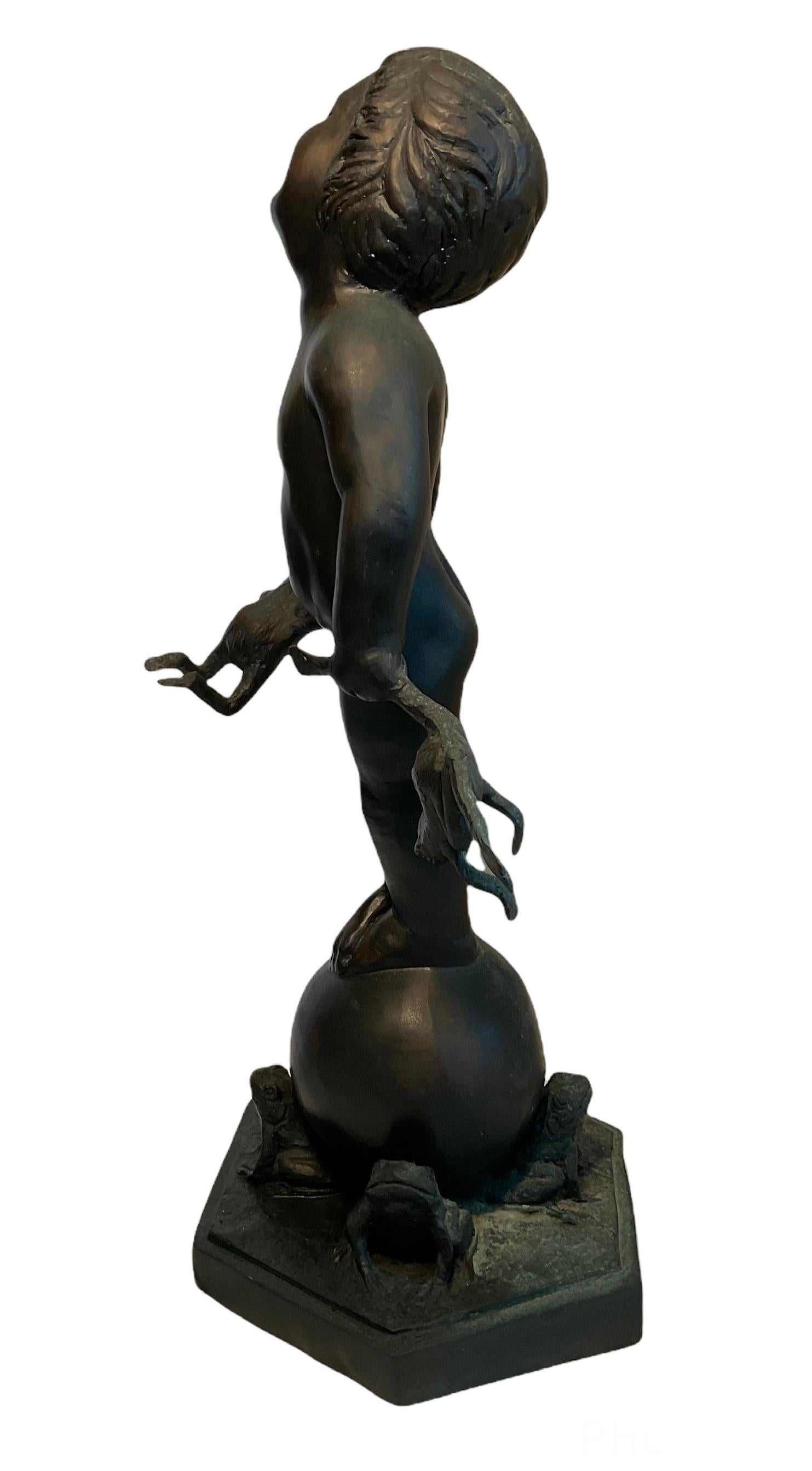 This is a heavy patinated bronze sculpture after Edith Barreto Parsons- The Laughing Frog Baby sculpture. It depicts a joyful nude child girl who is standing up in a sphere surrounded by frogs that are not attached to the base. She is also holding a