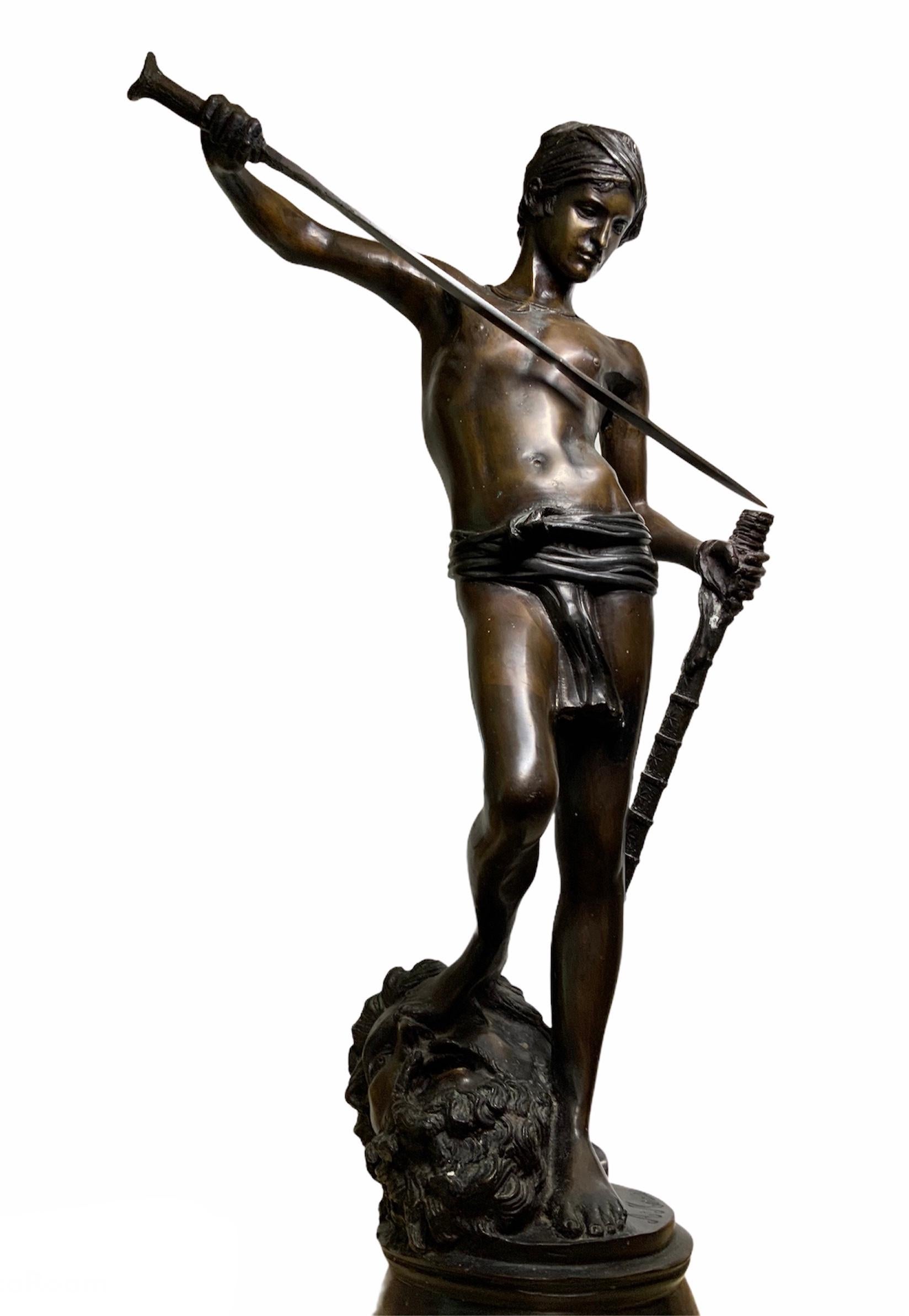 French Large Bronze Sculpture of David Decapitating Goliath After Antonin Mercie