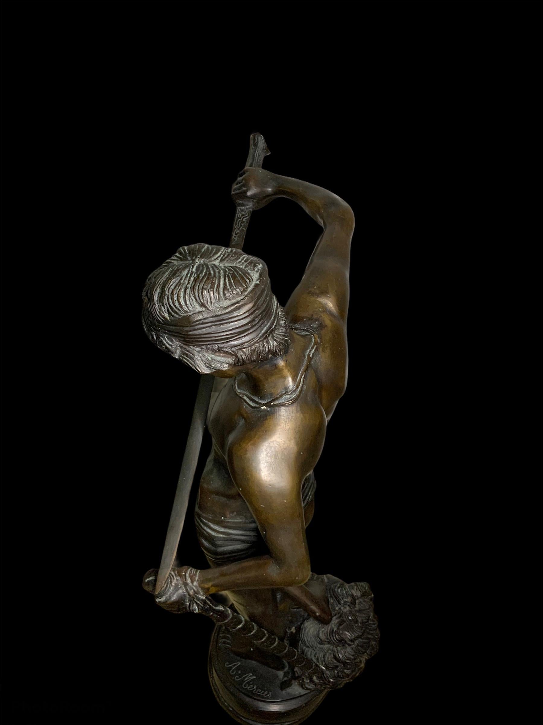 20th Century Large Bronze Sculpture of David Decapitating Goliath After Antonin Mercie