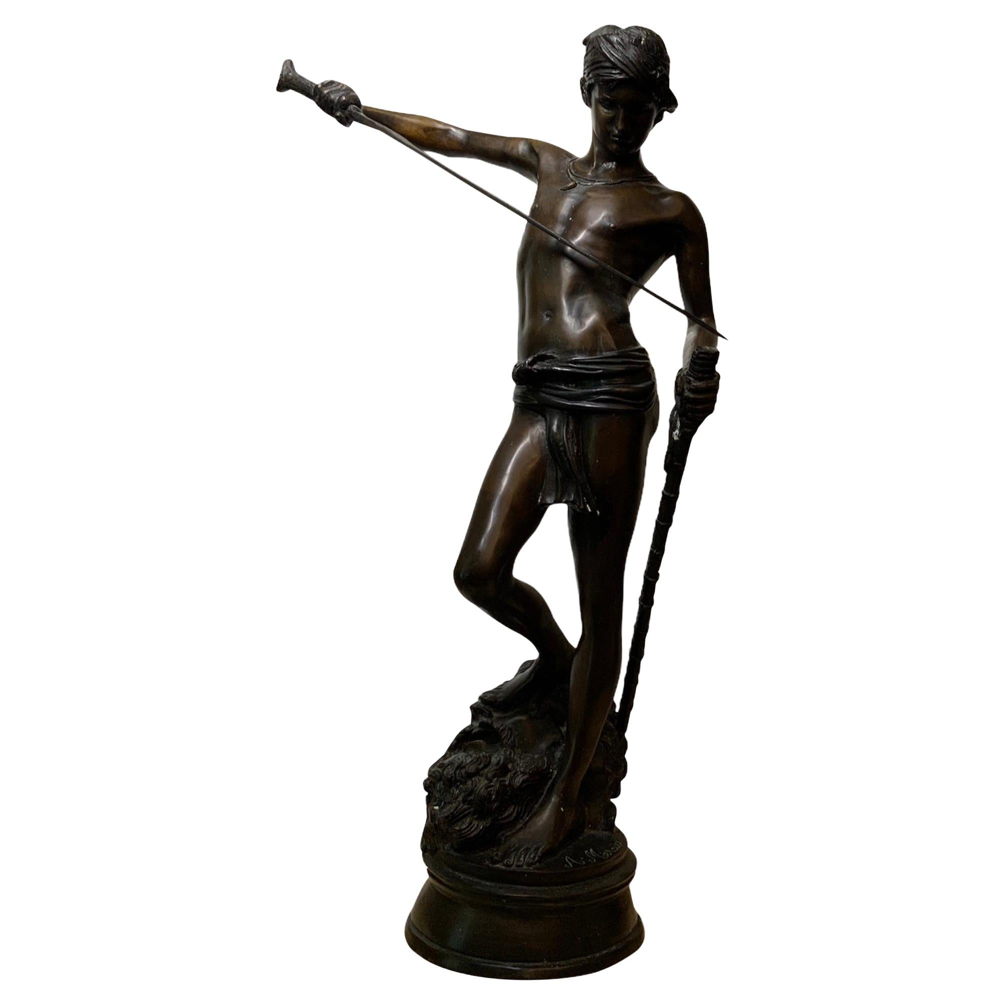 Large Bronze Sculpture of David Decapitating Goliath After Antonin Mercie