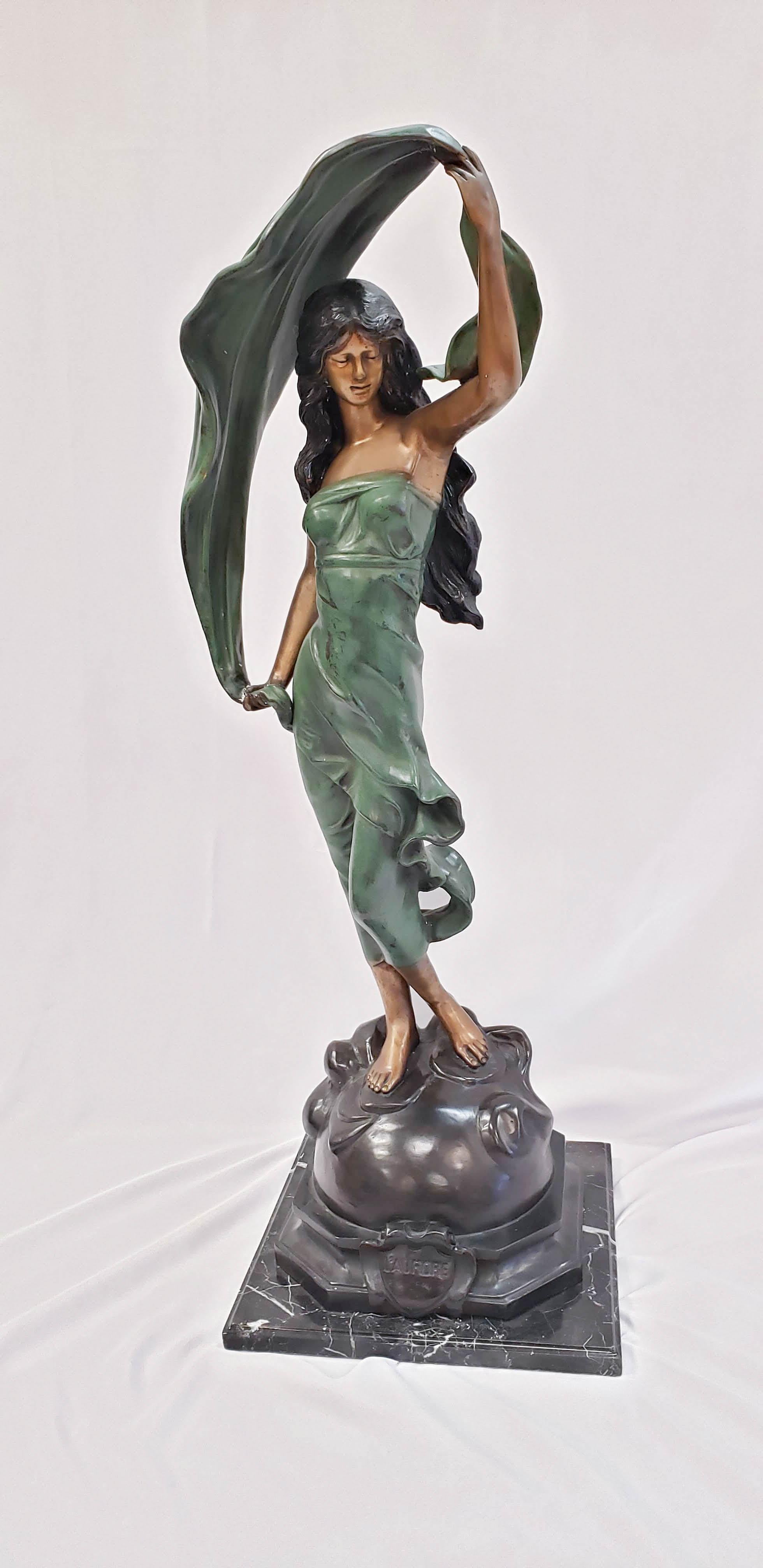 Beautiful Bronze depicting  L'Aurore after Auguste Moreau on a black marble base. 

Aurore, goddess of the dawn, would each morning leave her sleeping husband Tithonus while the sun was hidden to lead Helios, the sun god, into the heavens for the