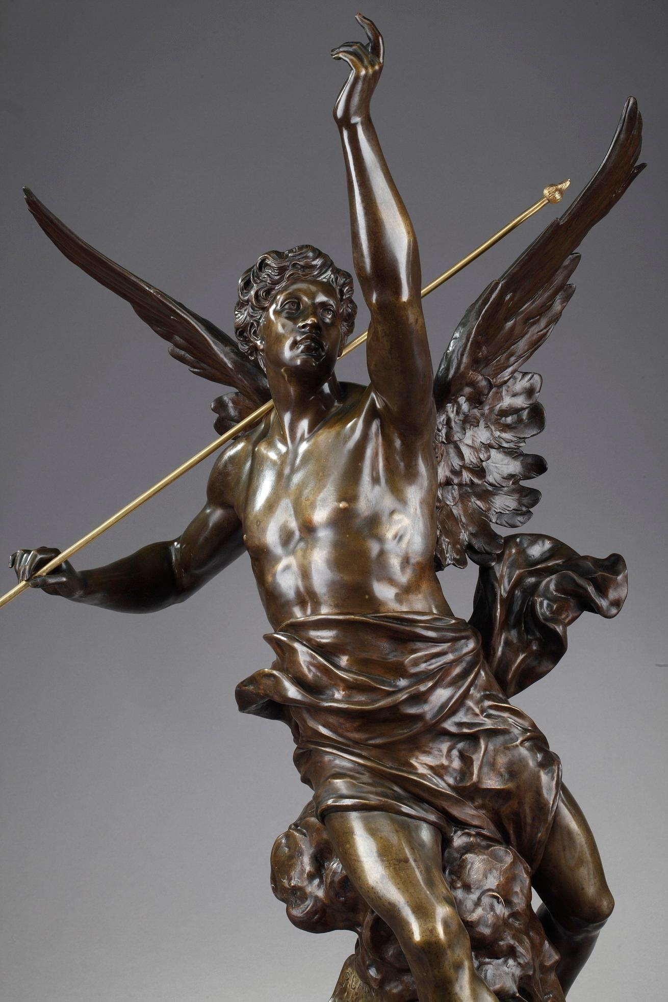 Large allegorical bronze sculpture with brown patina La Pensée (The Thought) featuring a winged man with an outstretched arm seated on clouds. Inscribed on the pages of the book at his feet the names of important philosophers and writers such as