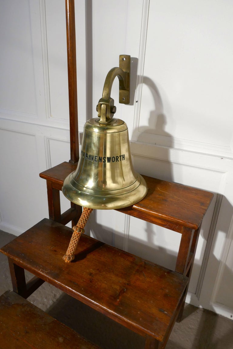 Large Bronze Ships Bell and Mounting Bracket from MV Ravensworth, 1960