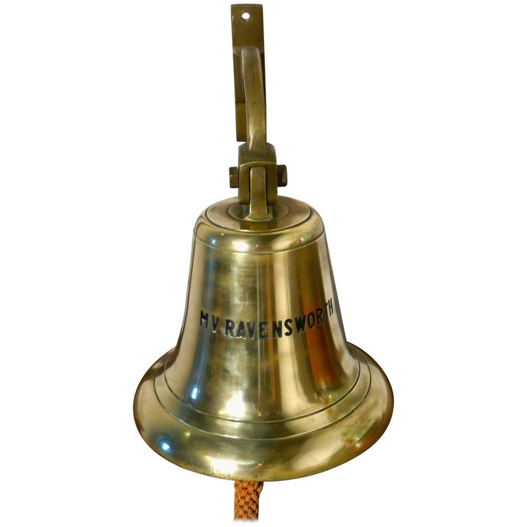 Large Bronze Ships Bell and Mounting Bracket from MV Ravensworth, 1960