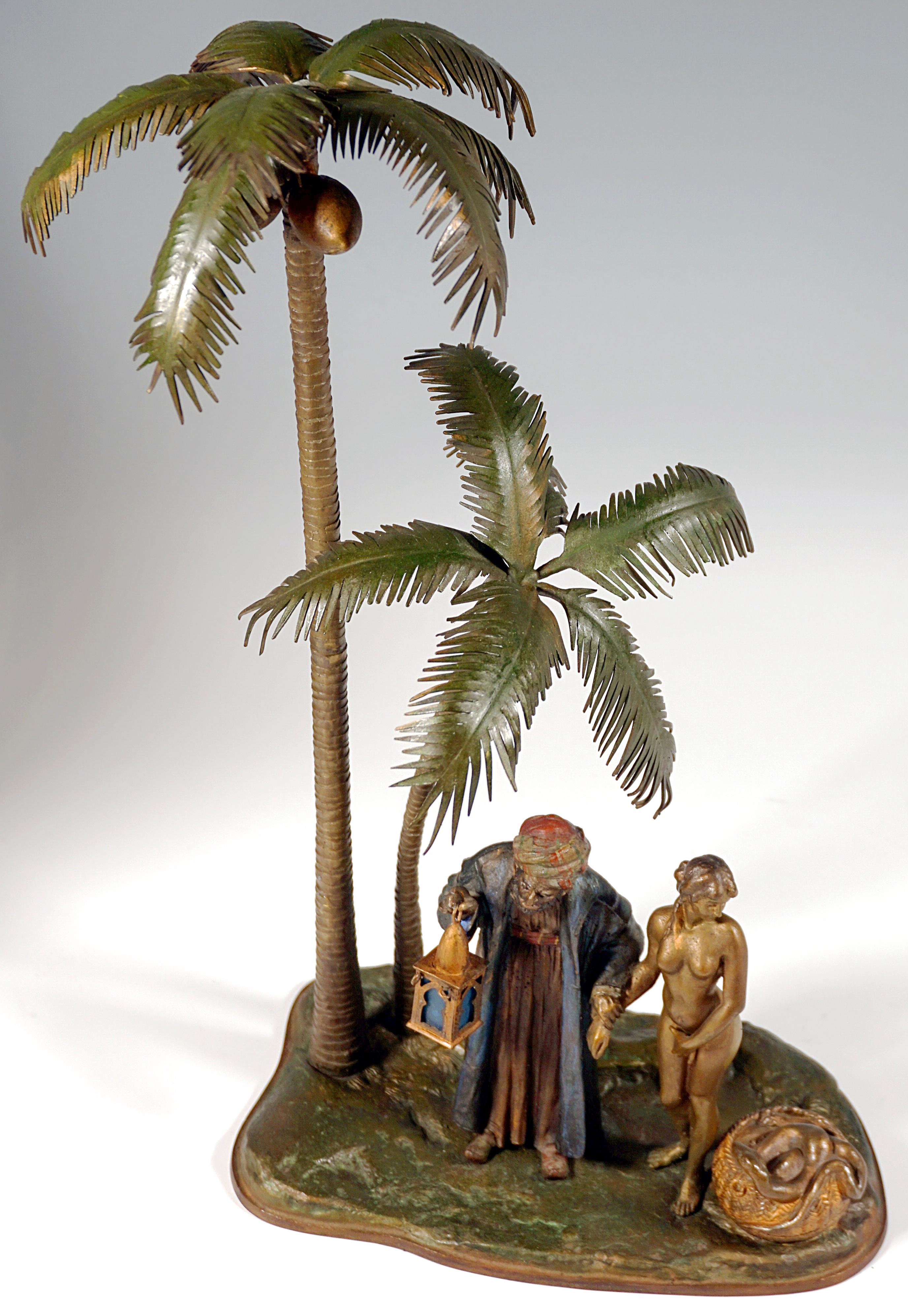 Large Bronze, Slave Trader With Girl Under Palm Trees, Bergmann Vienna, Ca. 1910 For Sale 6