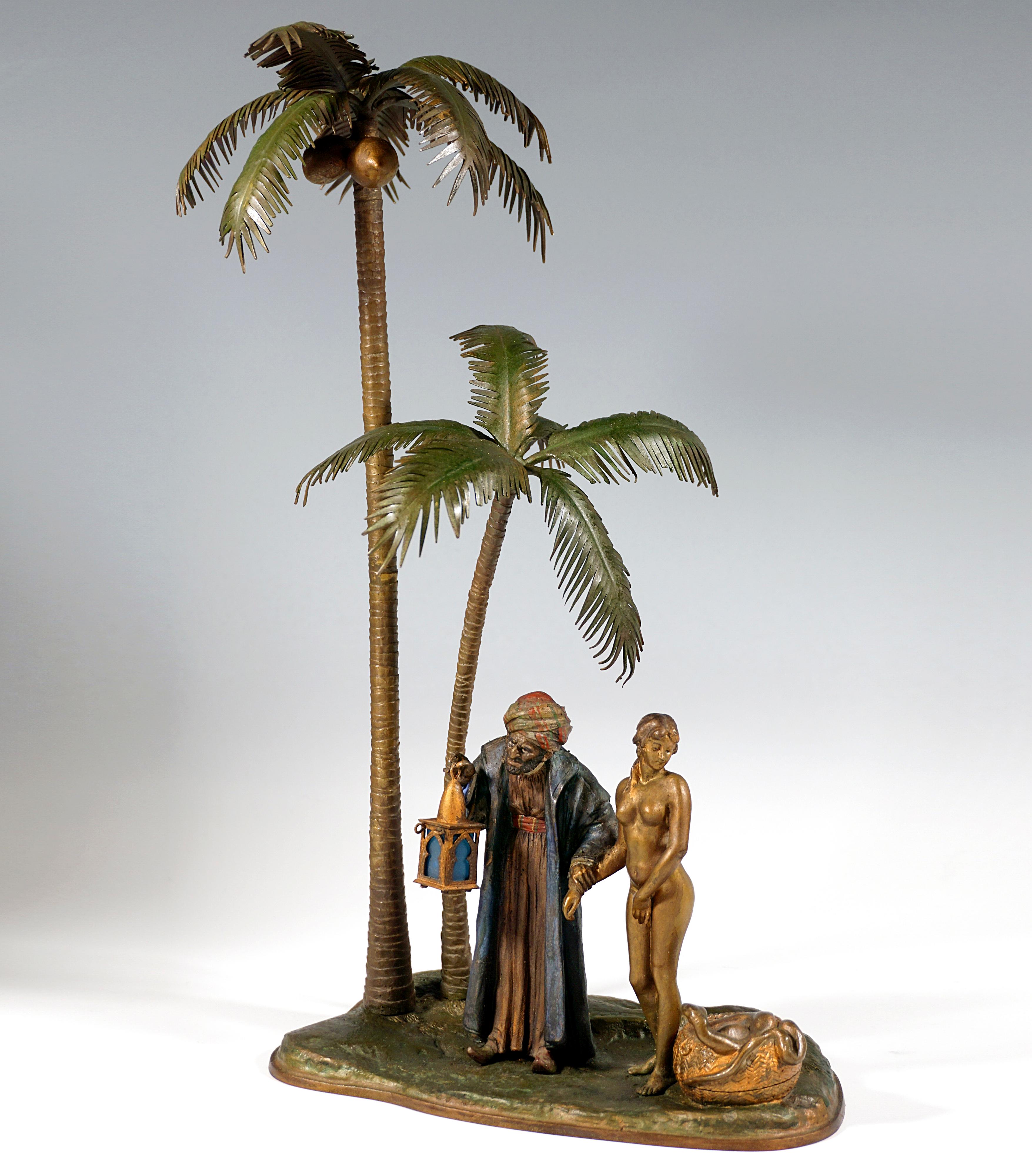 Bronce grande, Comerciante de esclavos con niña bajo palmeras, Bergmann Viena, Ca. 1910 Otro en venta