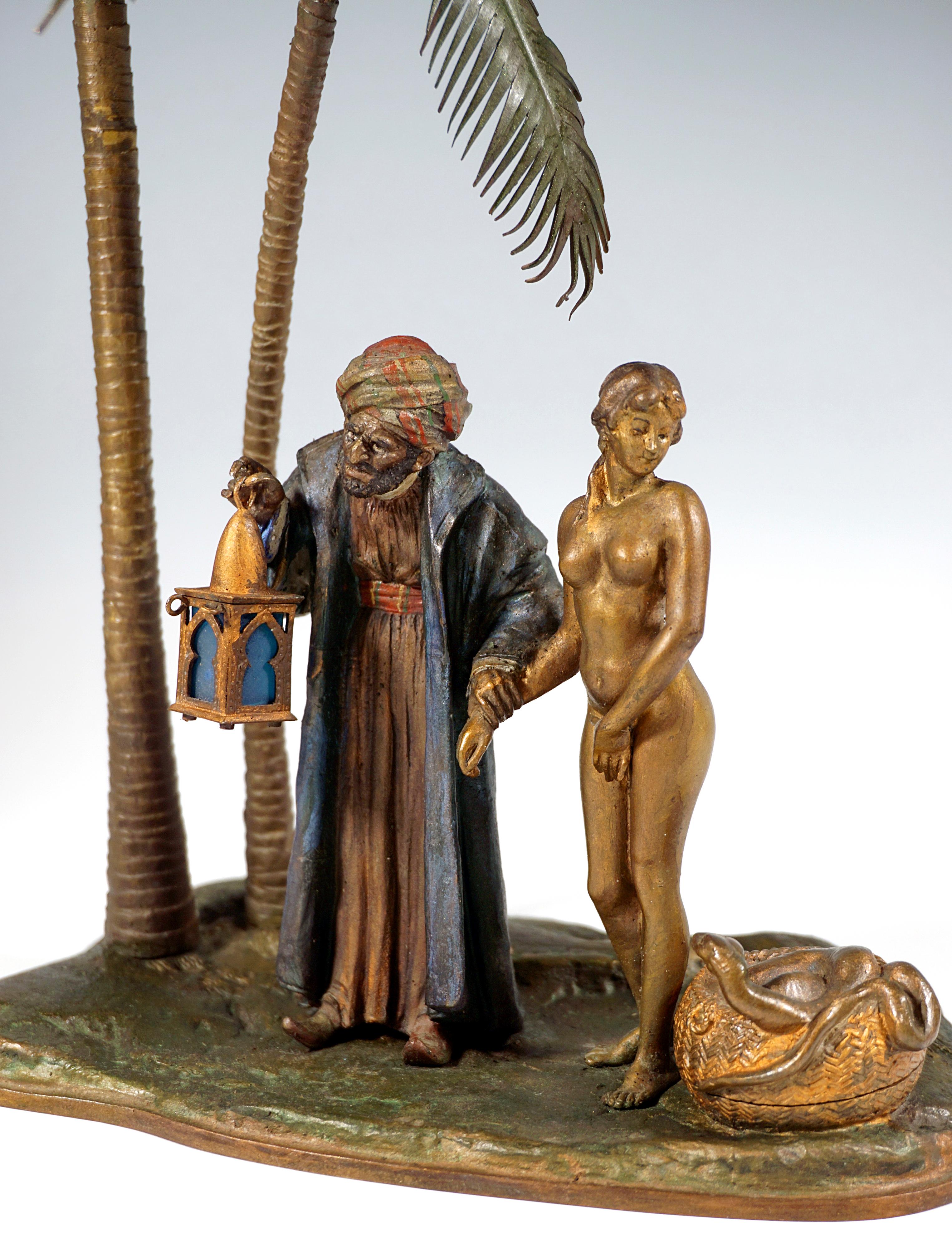 Austrian Large Bronze, Slave Trader With Girl Under Palm Trees, Bergmann Vienna, Ca. 1910 For Sale