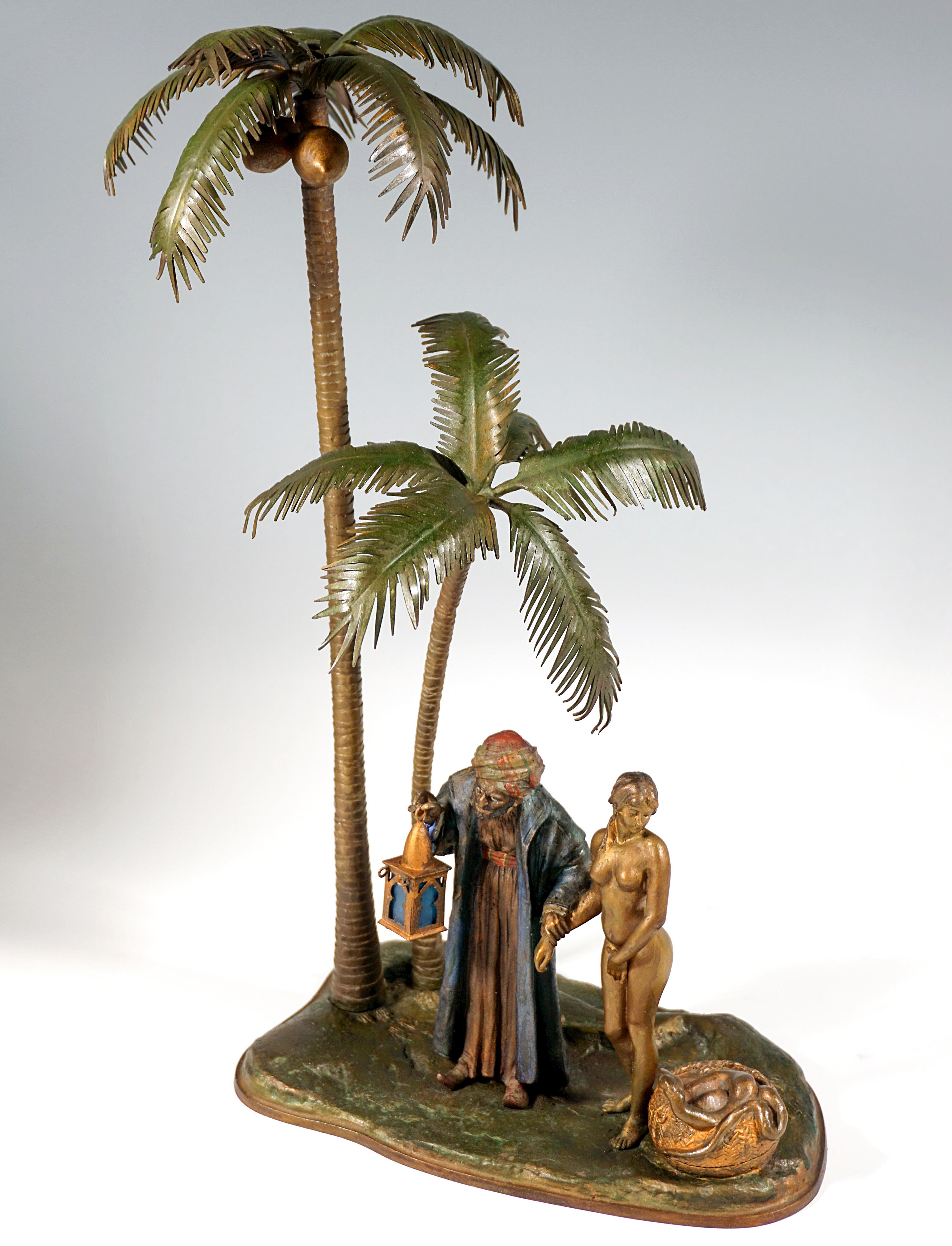 Cold-Painted Large Bronze, Slave Trader With Girl Under Palm Trees, Bergmann Vienna, Ca. 1910 For Sale