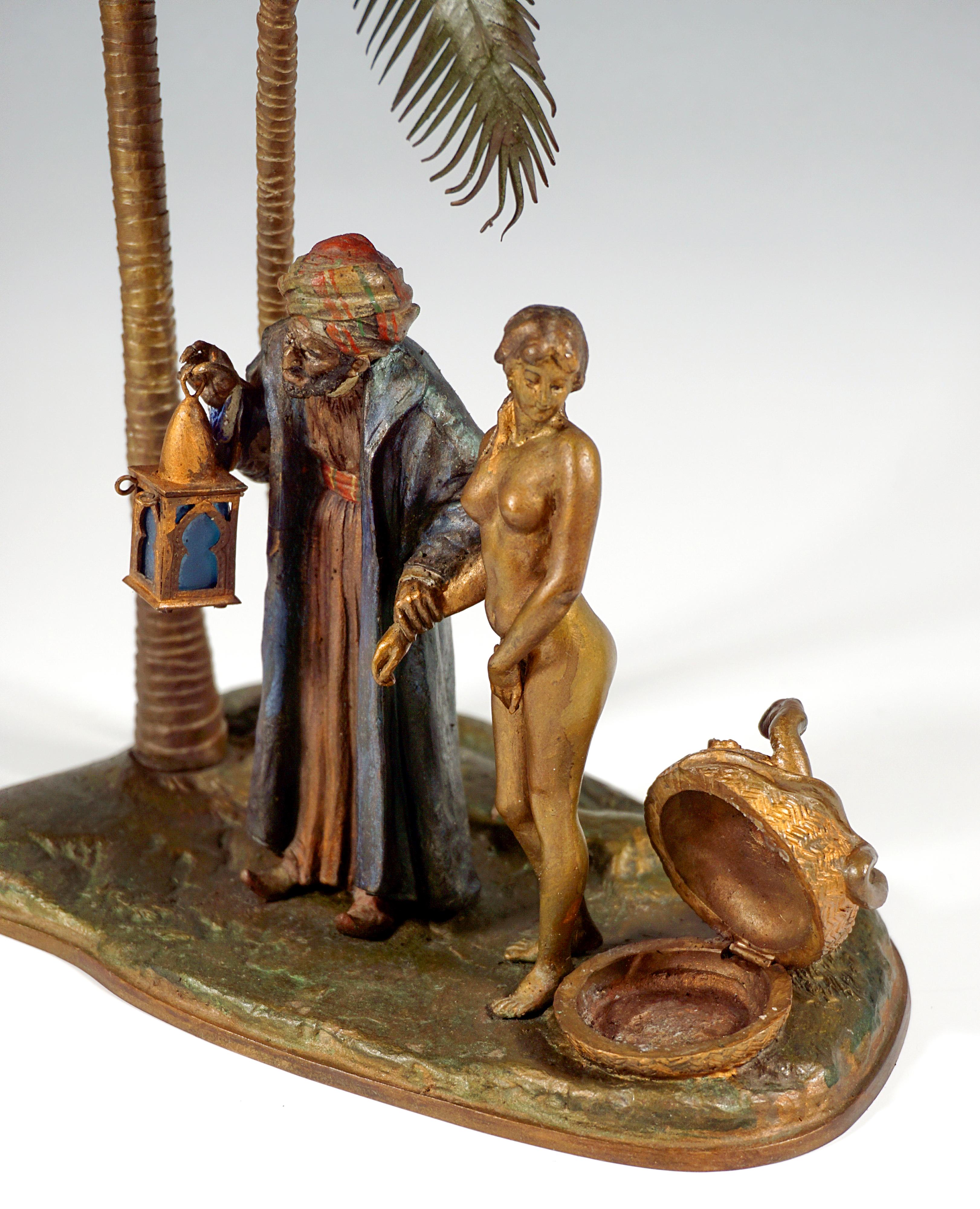 Large Bronze, Slave Trader With Girl Under Palm Trees, Bergmann Vienna, Ca. 1910 For Sale 2