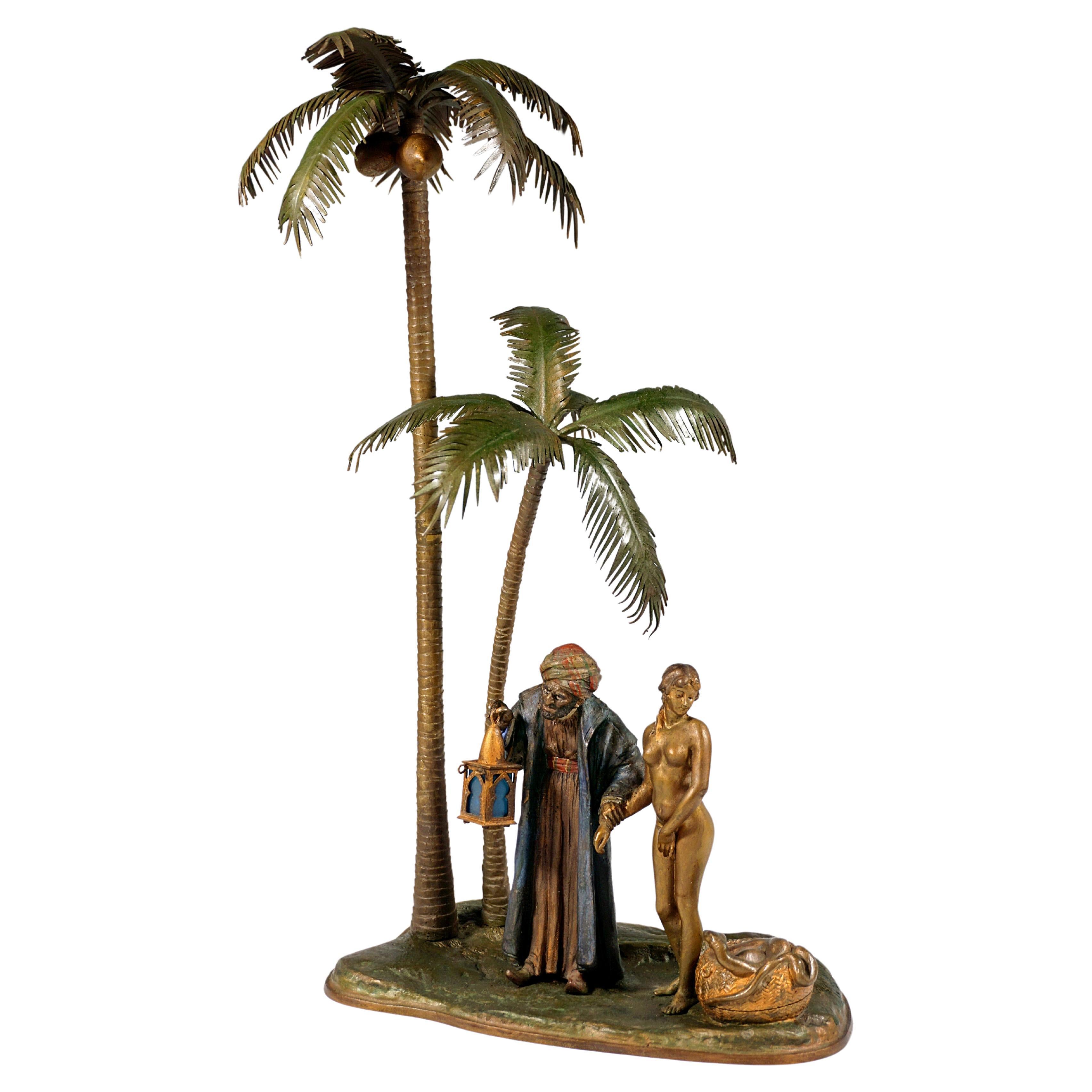 Large Bronze, Slave Trader With Girl Under Palm Trees, Bergmann Vienna, Ca. 1910 For Sale