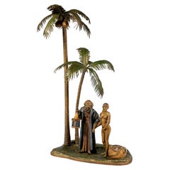 Antique Large Bronze, Slave Trader With Girl Under Palm Trees, Bergmann Vienna, Ca. 1910