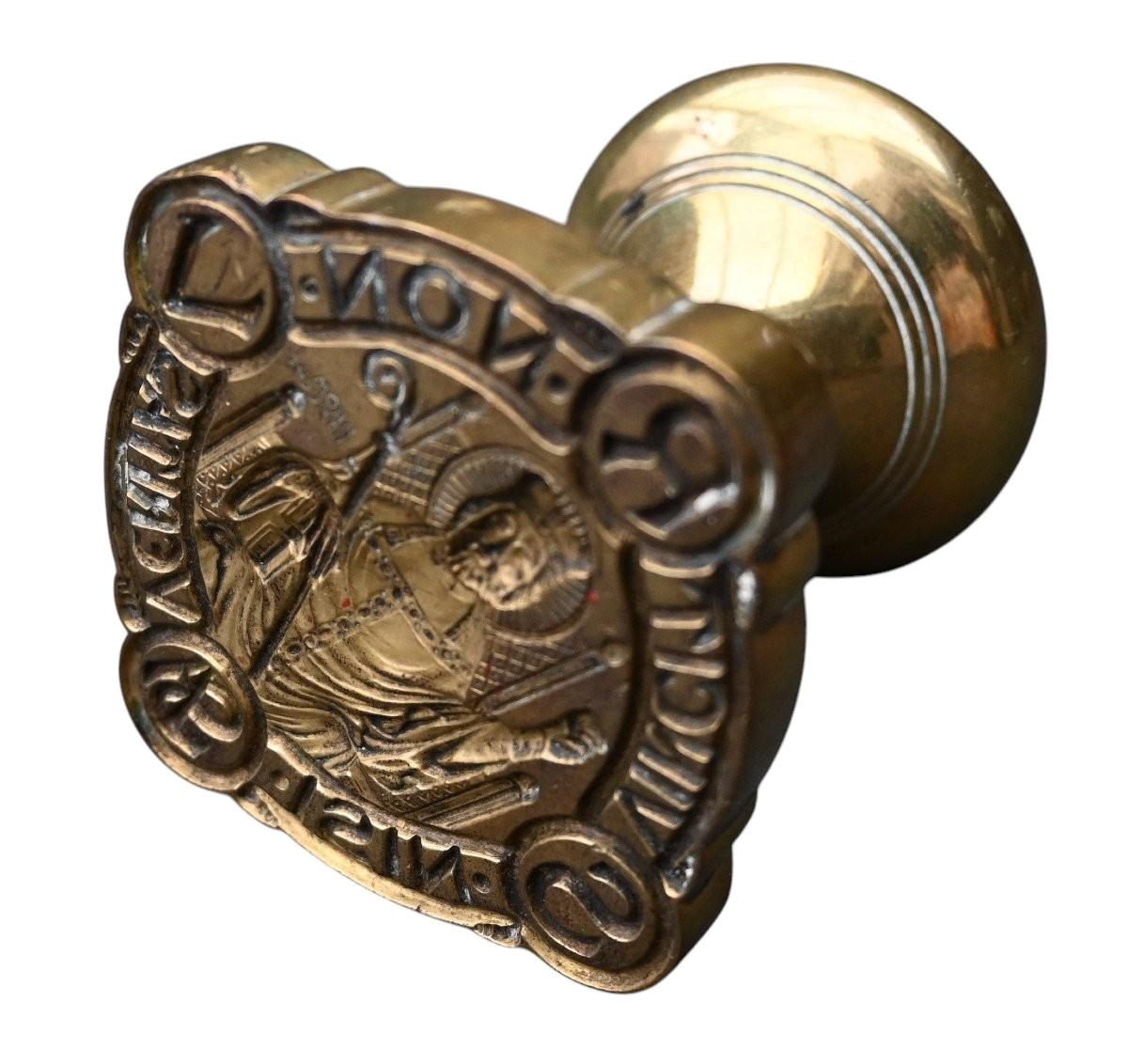 Gothic Revival Large Bronze Stamp Seal With Important Religious Coat Of Arms, 19th century For Sale