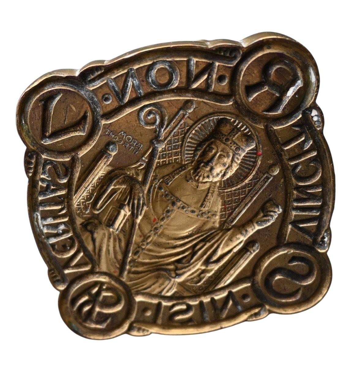 Cast Large Bronze Stamp Seal With Important Religious Coat Of Arms, 19th century For Sale