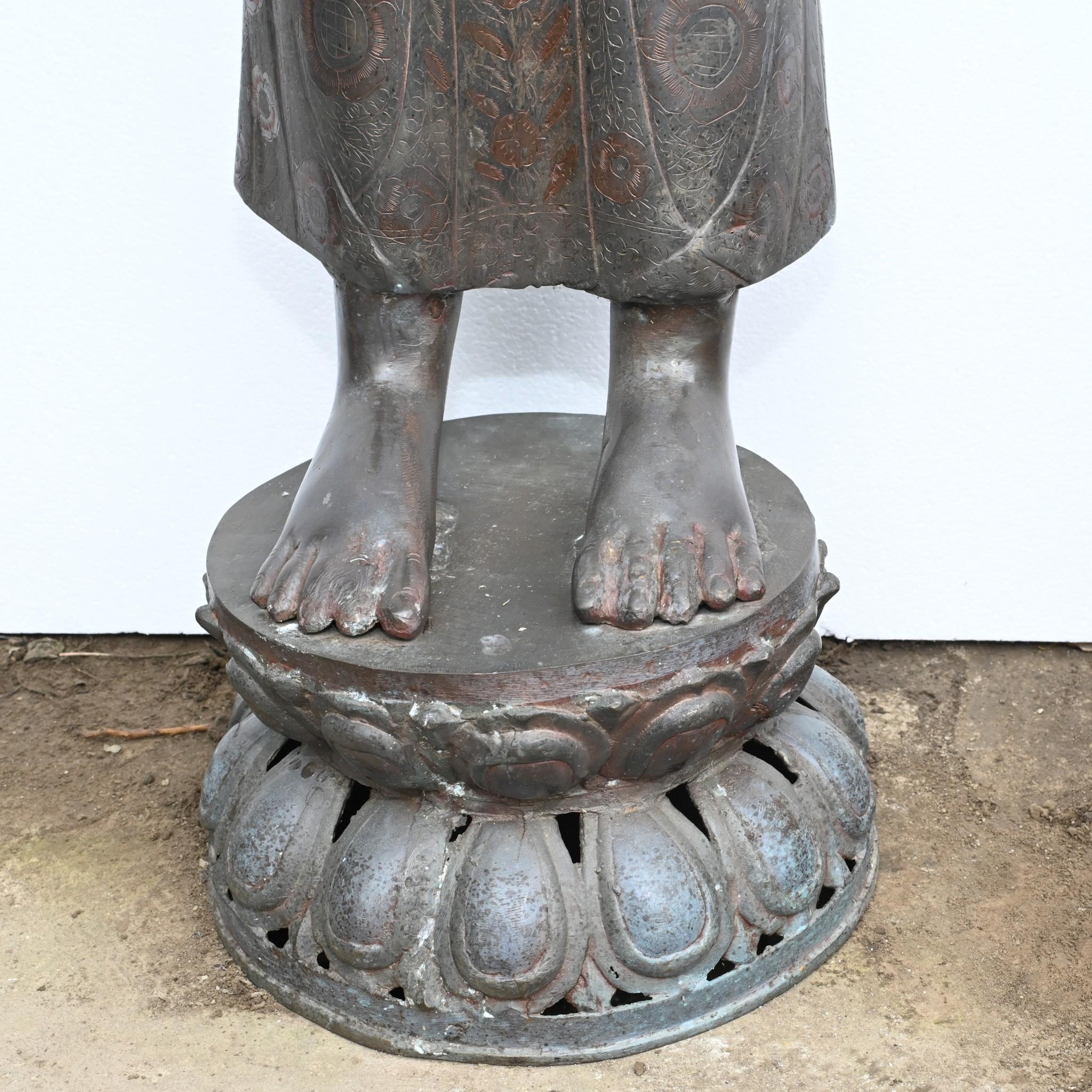 Large Bronze Standing Buddha Statue Tibetan Buddhism Abhaya Mudra In Good Condition In Potters Bar, GB