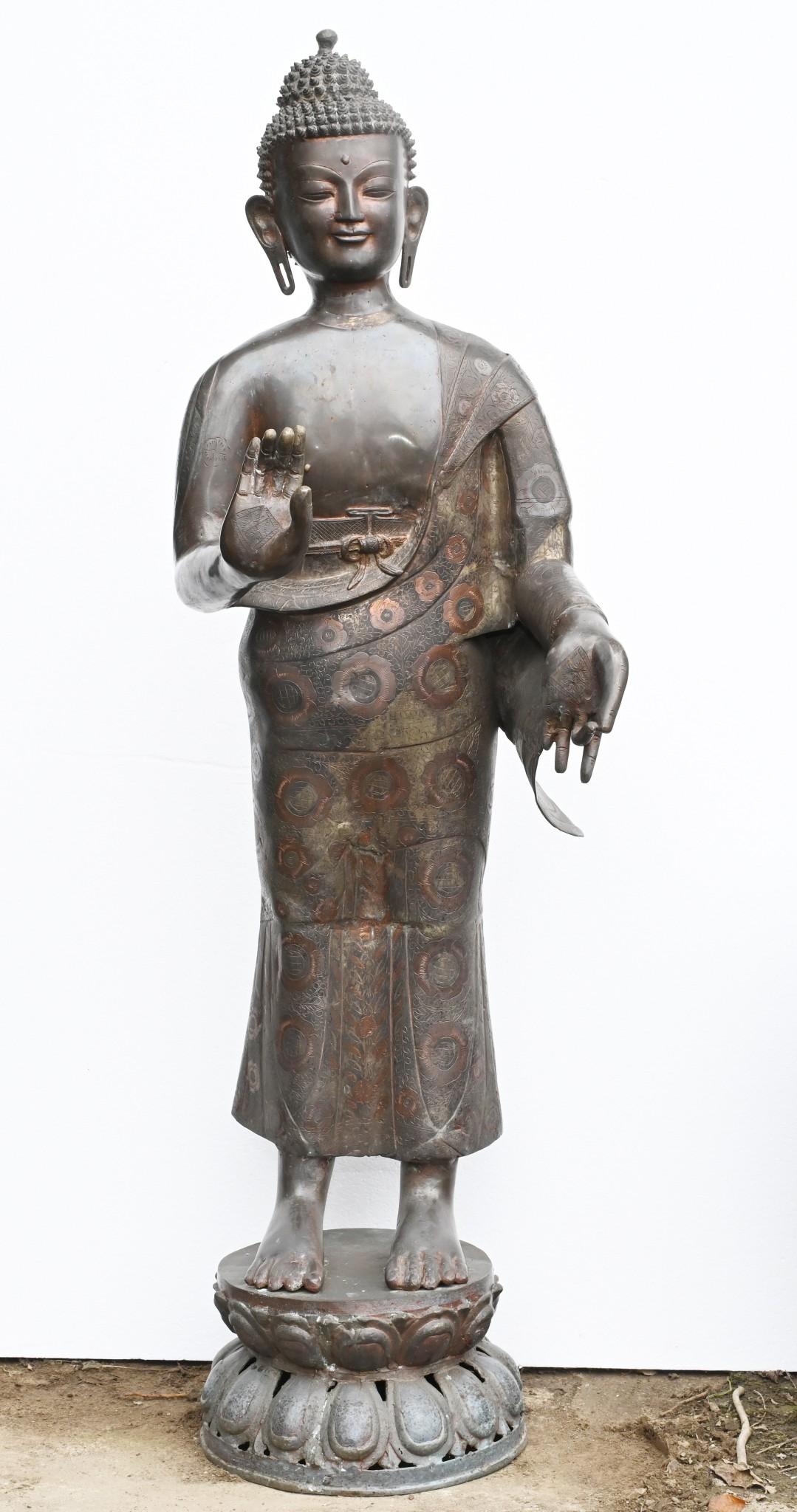 Large Bronze Standing Buddha Statue Tibetan Buddhism Abhaya Mudra 2