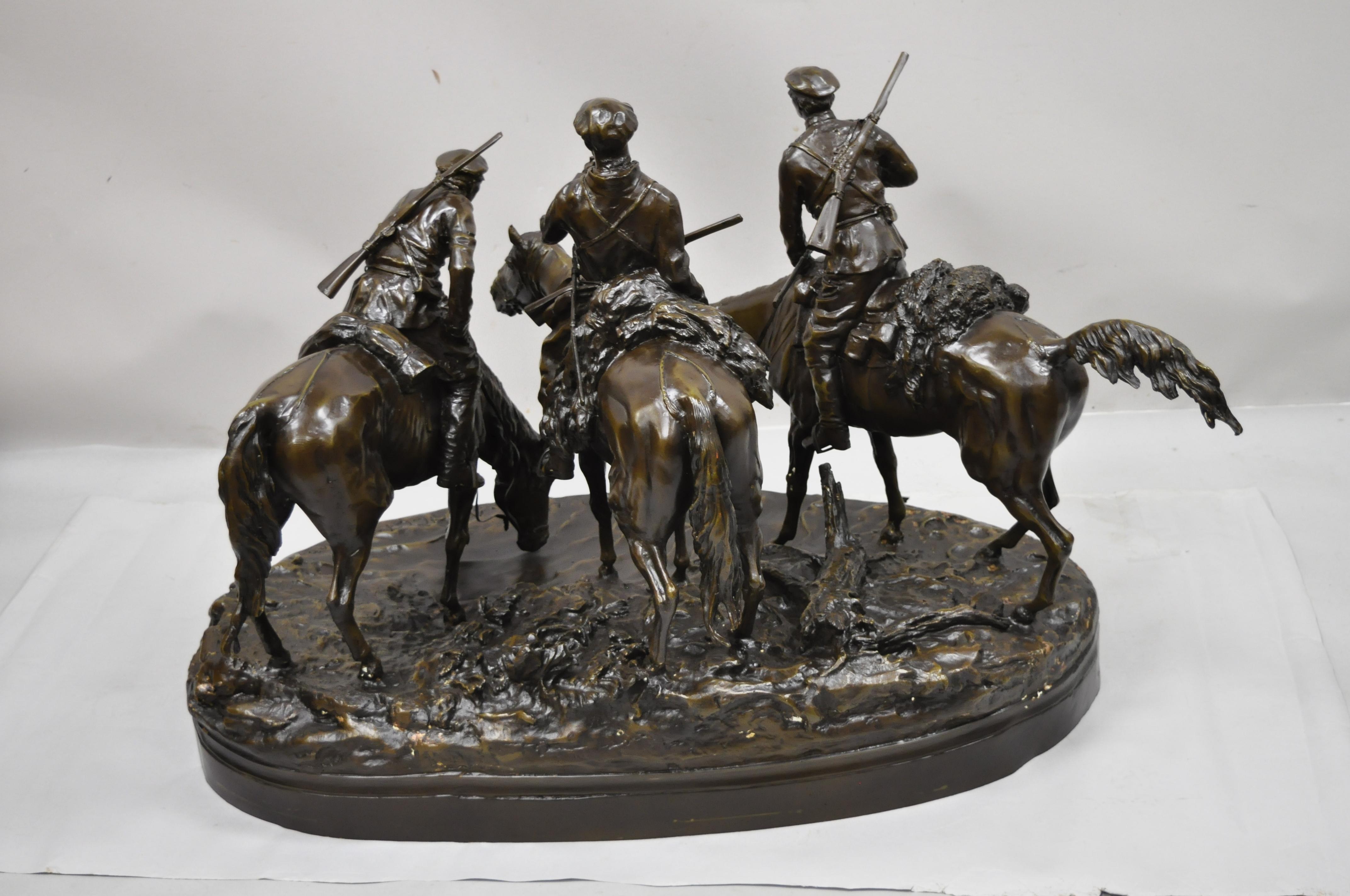 Large Bronze Statue 3 Horse Rider Hunt Scene after Evgeni Alexandrovich Lanceray For Sale 7