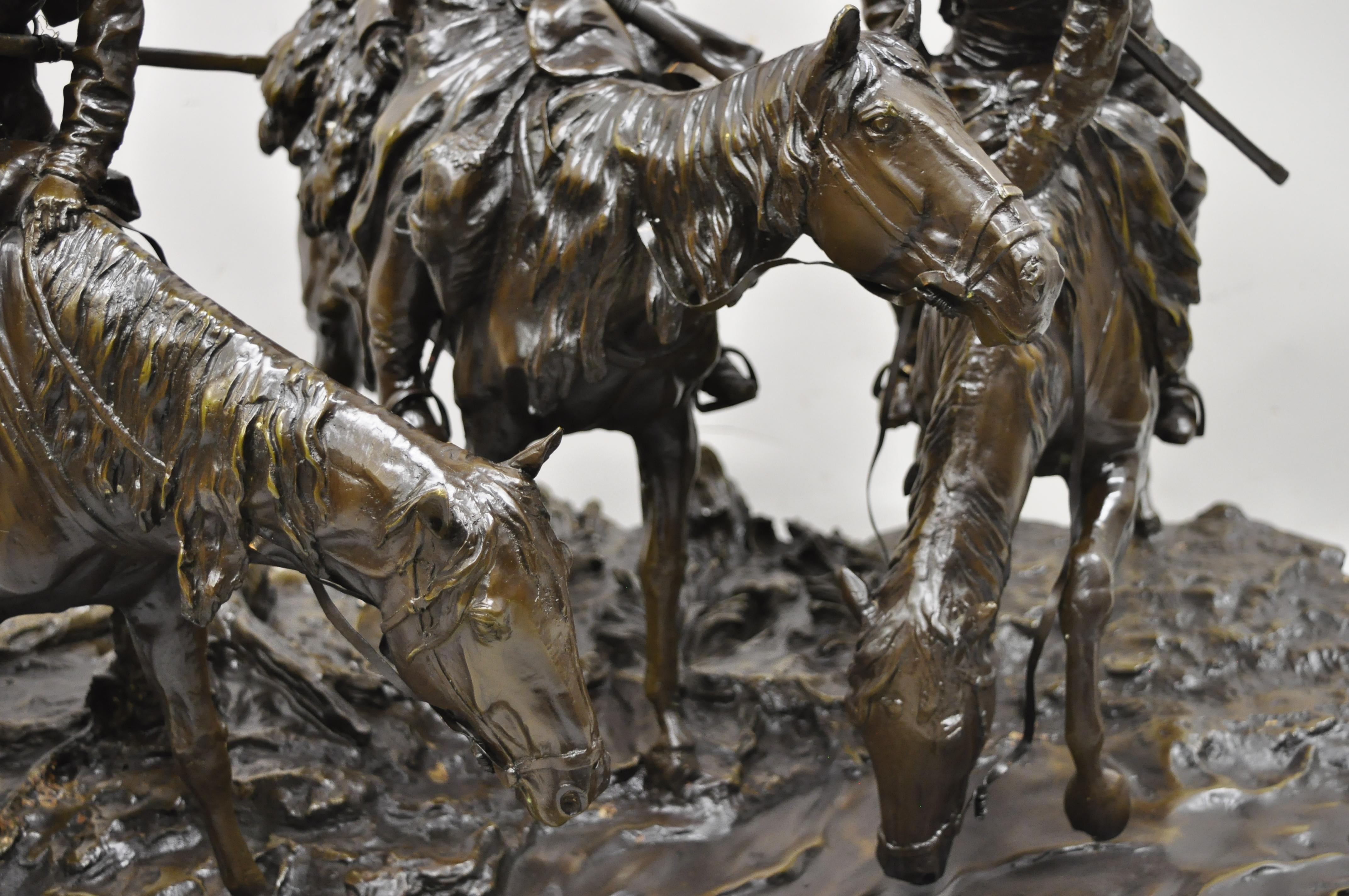 Large Bronze Statue 3 Horse Rider Hunt Scene after Evgeni Alexandrovich Lanceray For Sale 1