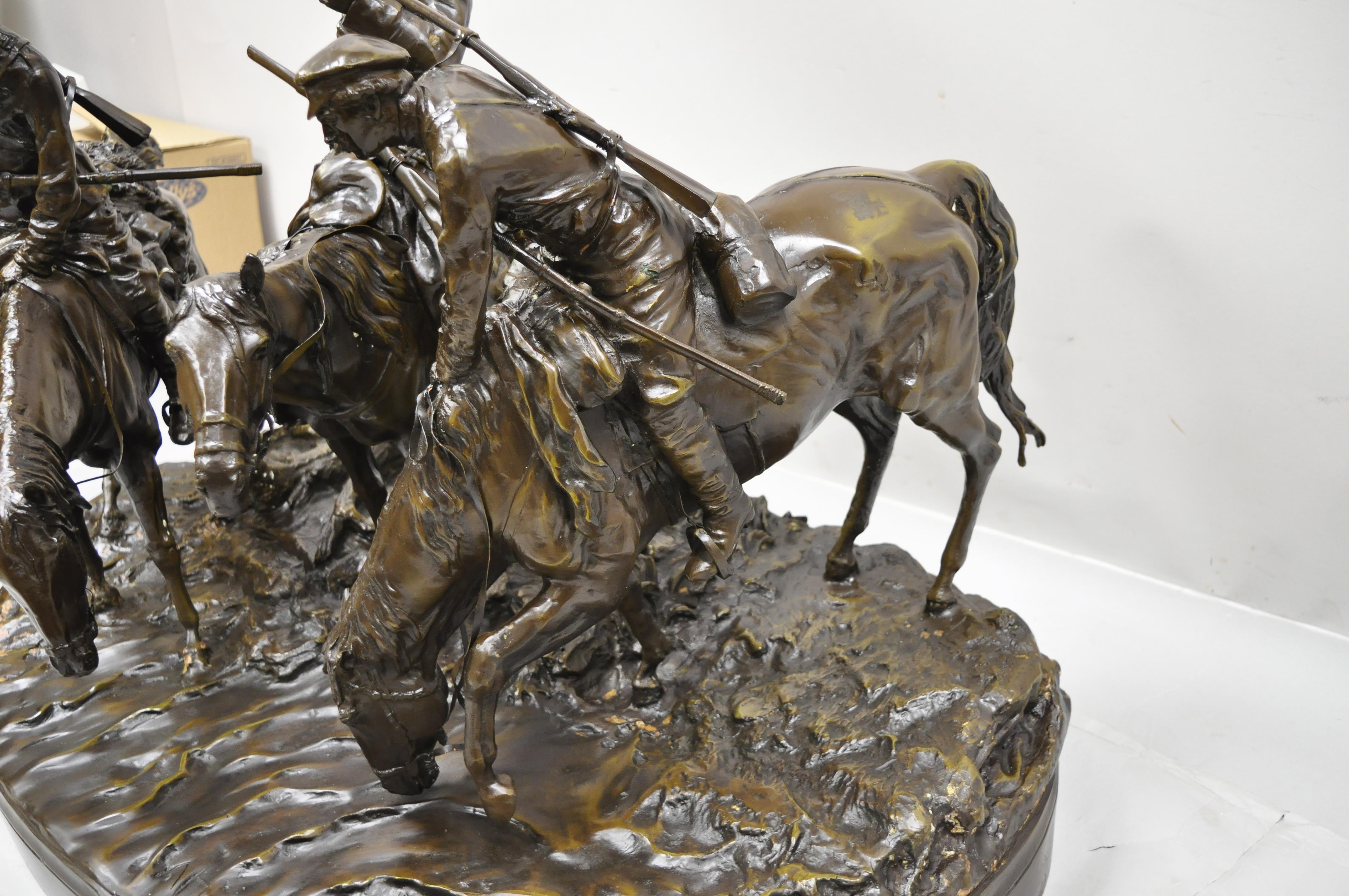 Large Bronze Statue 3 Horse Rider Hunt Scene after Evgeni Alexandrovich Lanceray For Sale 4