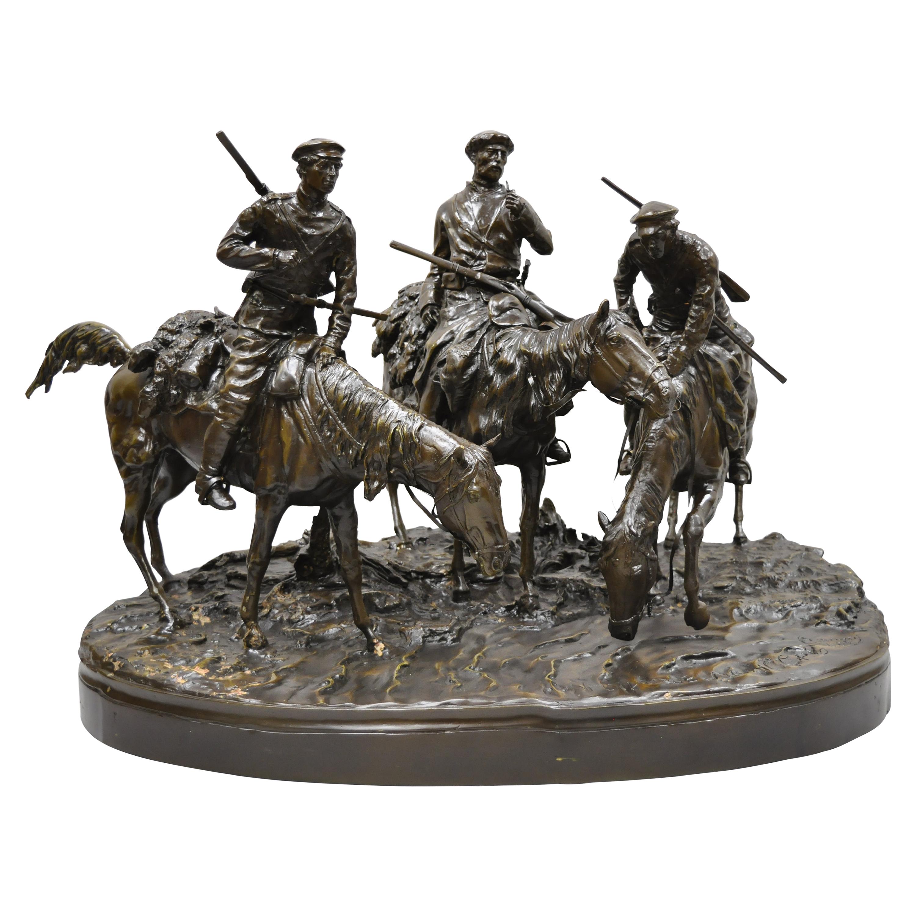Large Bronze Statue 3 Horse Rider Hunt Scene after Evgeni Alexandrovich Lanceray For Sale