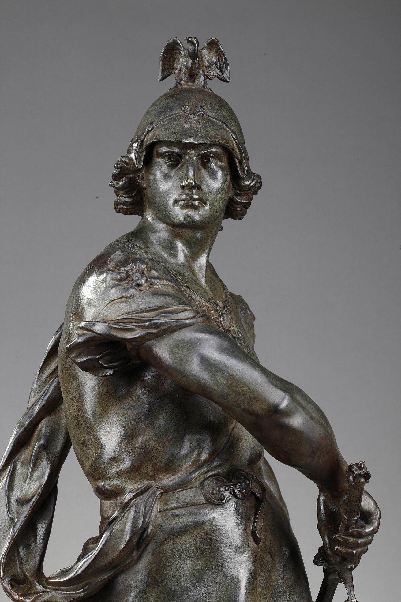 This large bronze statue with green patina was crafted by Émile-Louis Picault, a 19th century French sculptor known for his allegorical, patriotic and mythological subjects. It features an antique warrior pulling out the sword of his sheath. He