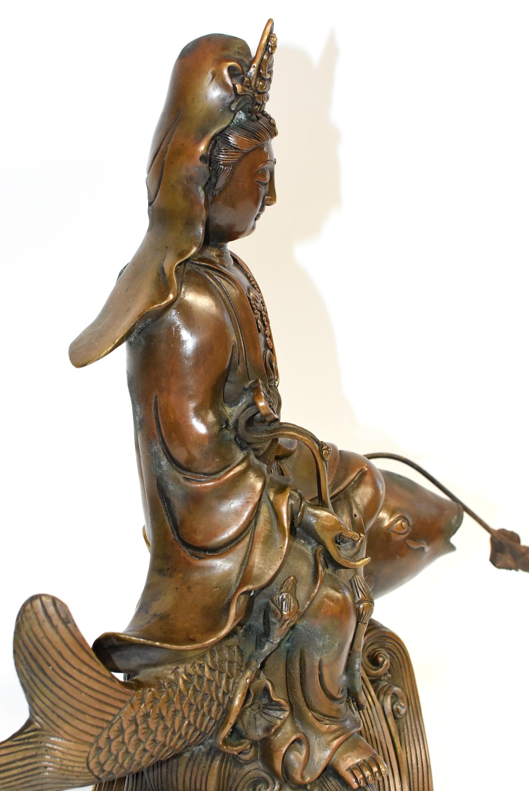 Large Bronze Statue Kwan Yin on Koi Fish 12