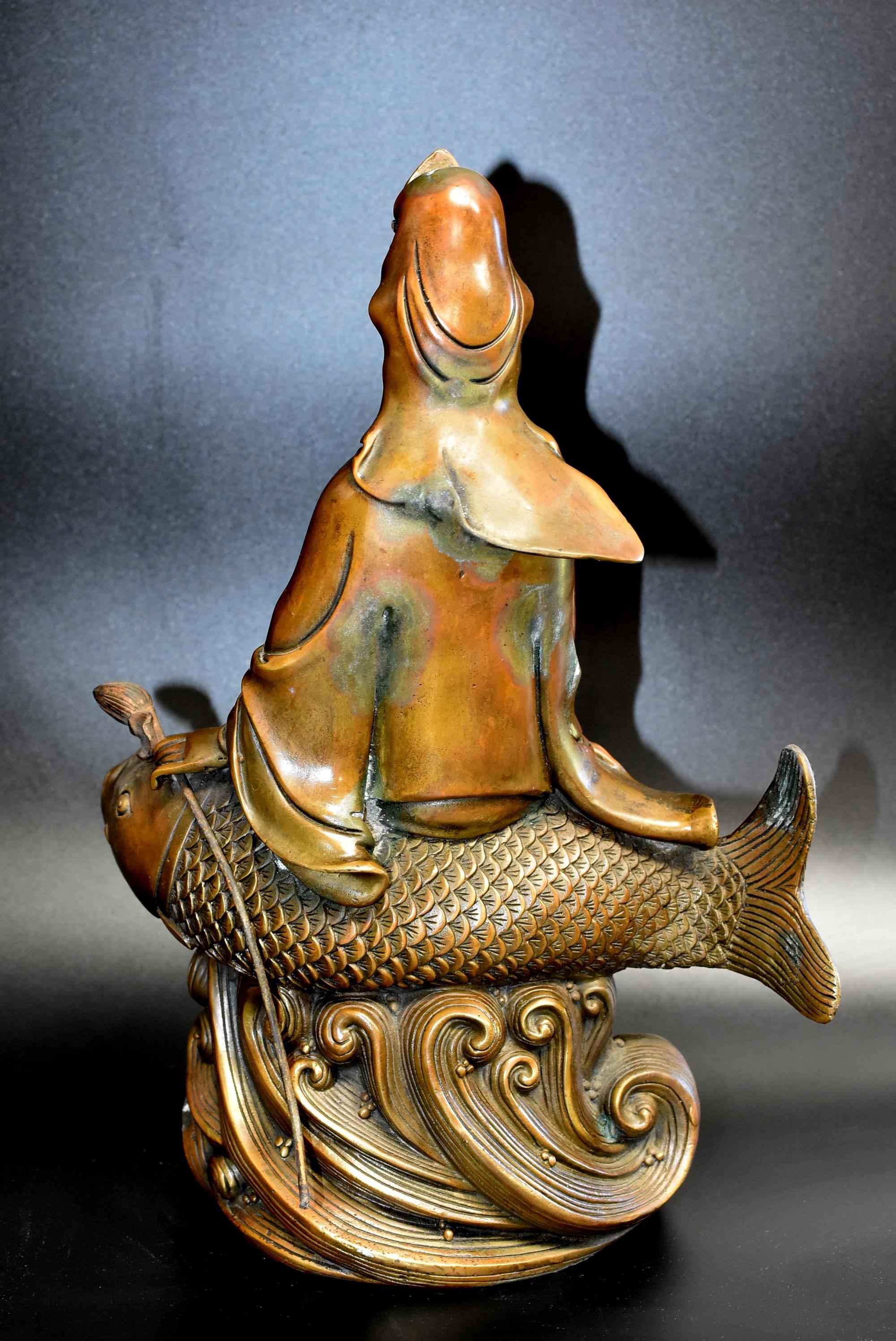 Large Bronze Statue Kwan Yin on Koi Fish 13