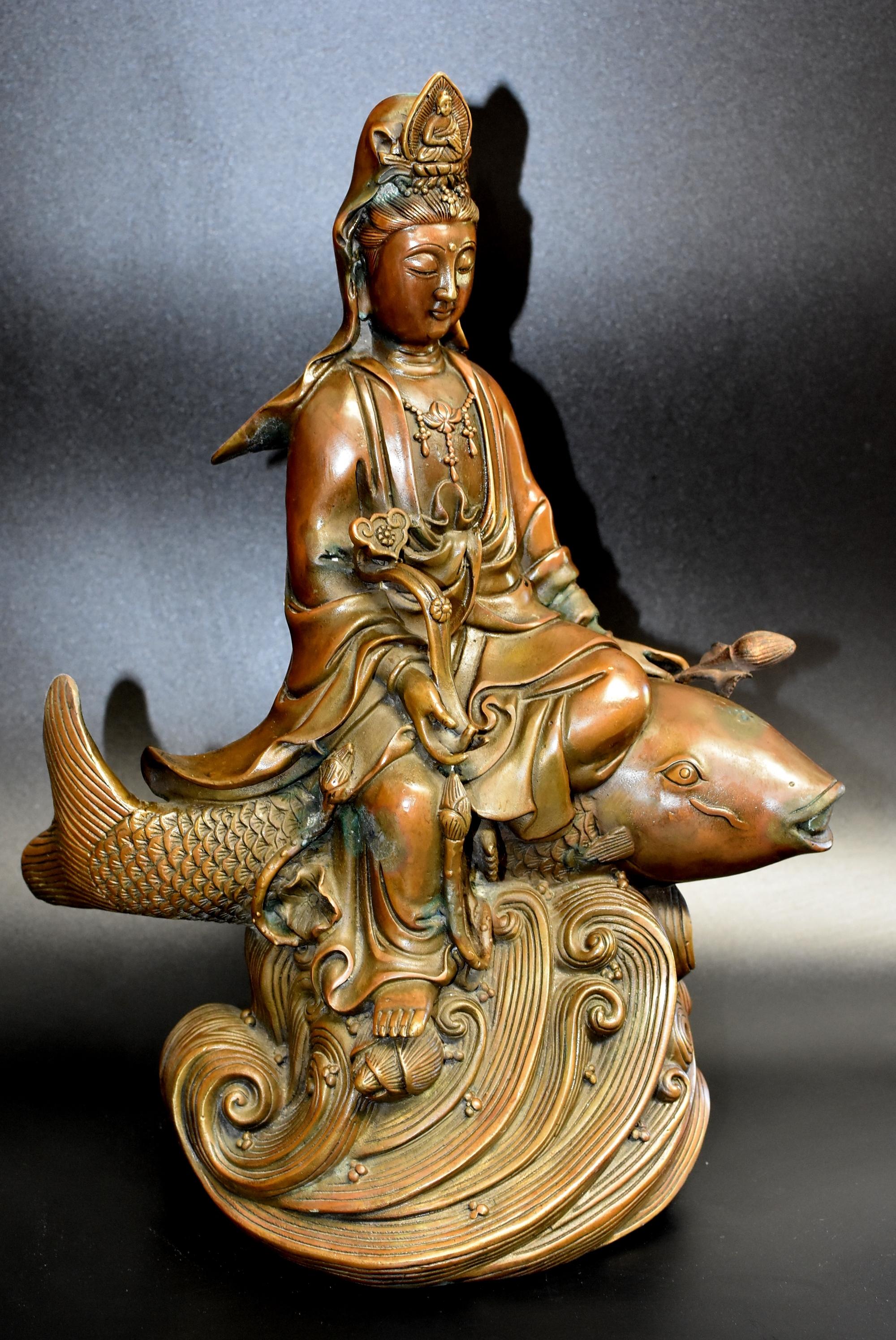 Large Bronze Statue Kwan Yin on Koi Fish 1