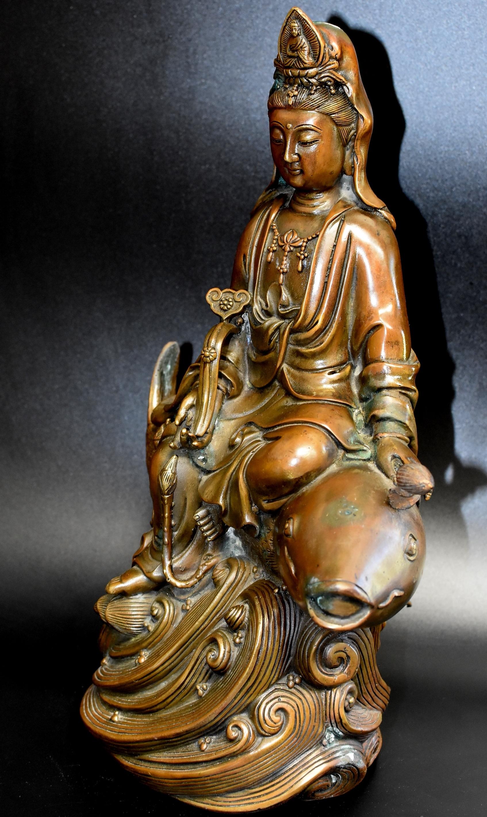 Large Bronze Statue Kwan Yin on Koi Fish 3