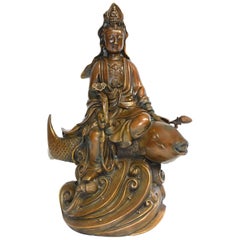 Large Bronze Statue Kwan Yin on Koi Fish