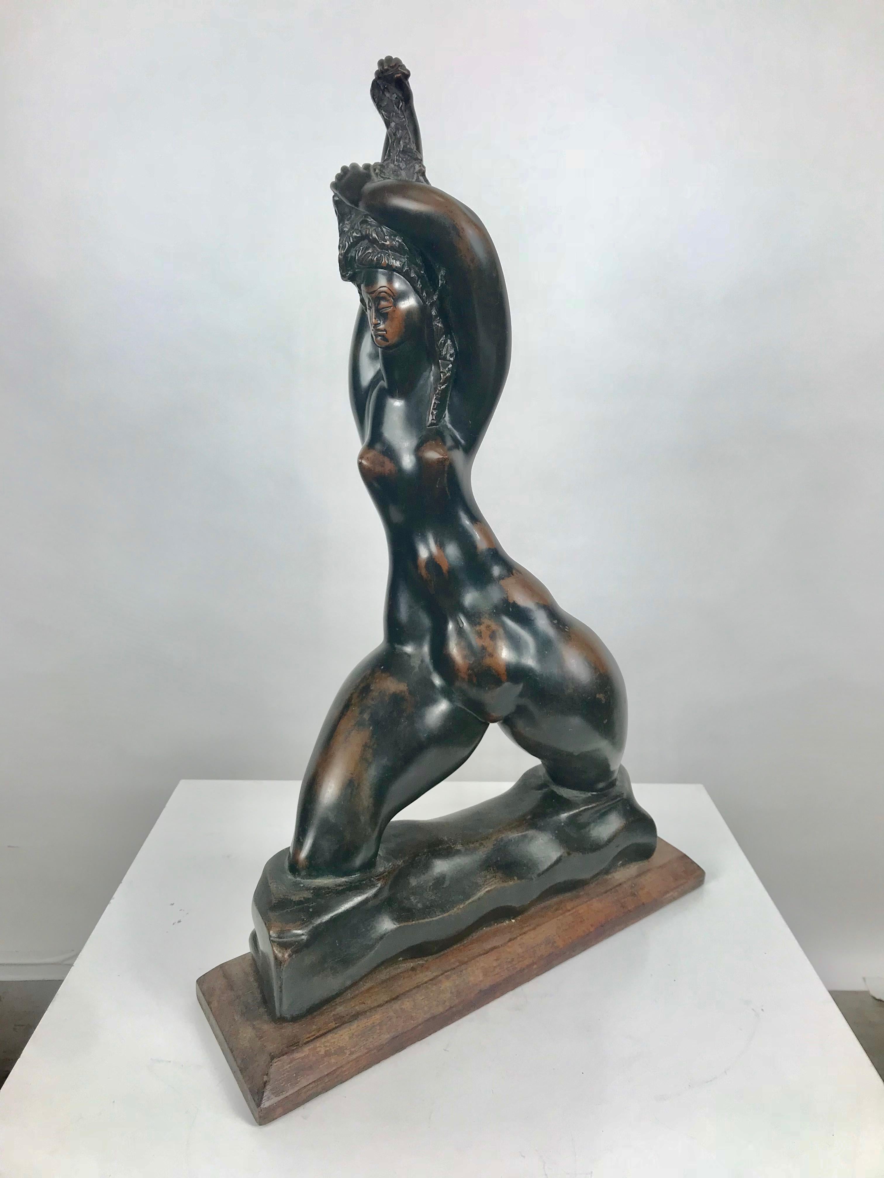 Cast Large Bronze Stylized Female Sculpture, WPA Artist Michael Lintz, 1946