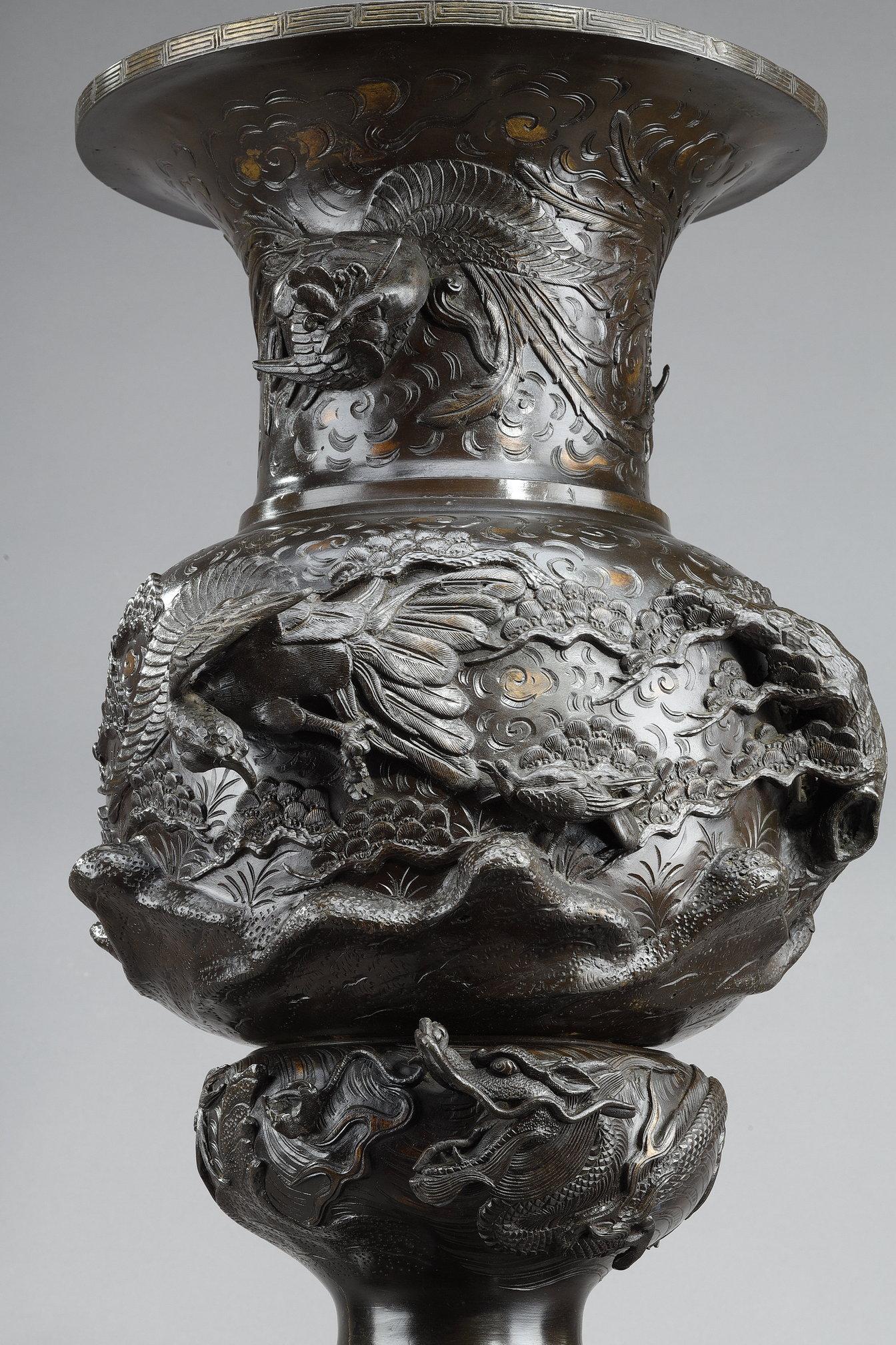 Late 19th Century Large Bronze Vase sculpted with chimeras, dragons, birds of frey and phoenix For Sale