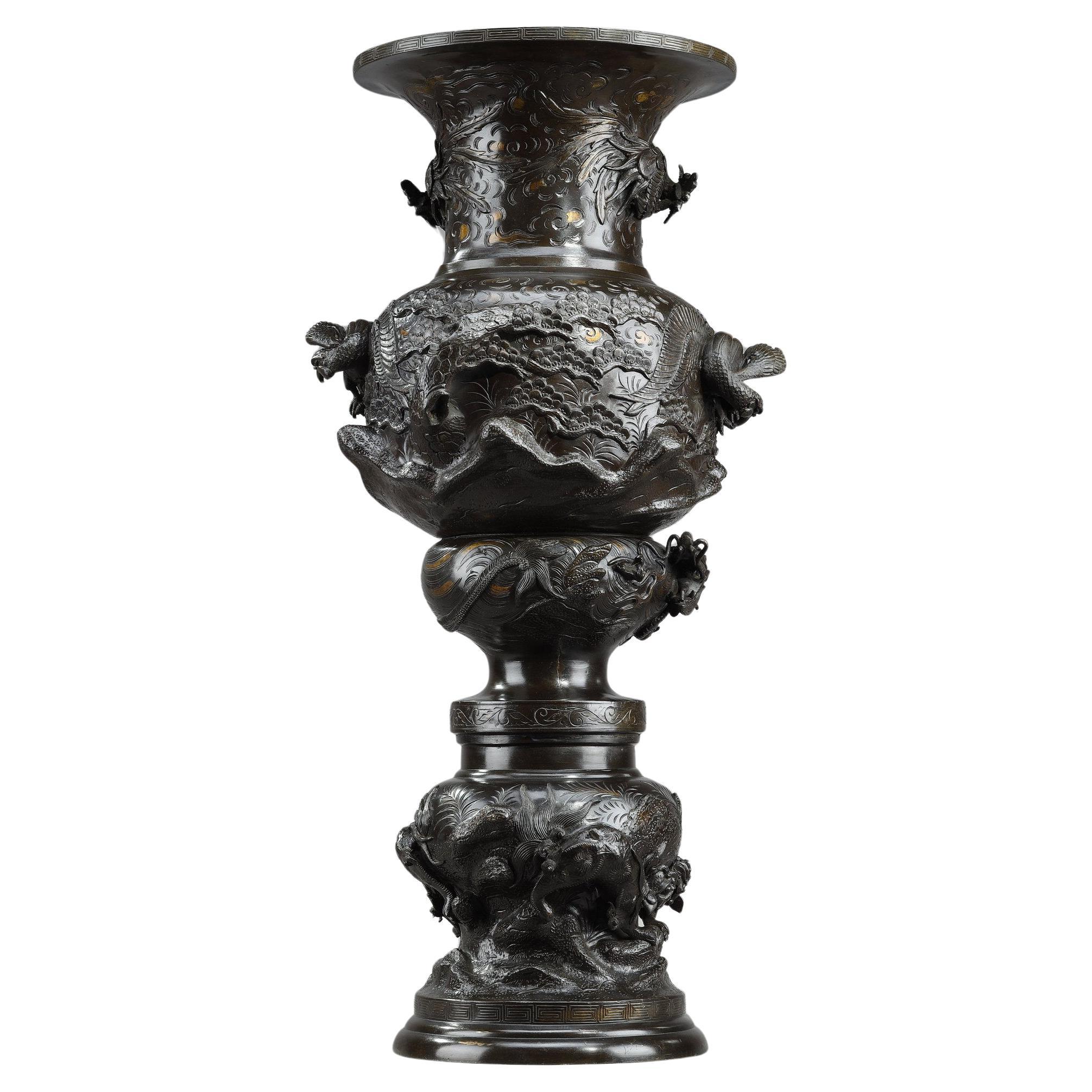 Large Bronze Vase sculpted with chimeras, dragons, birds of frey and phoenix