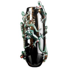 Large Bronze Vase with 8 Green Geckos