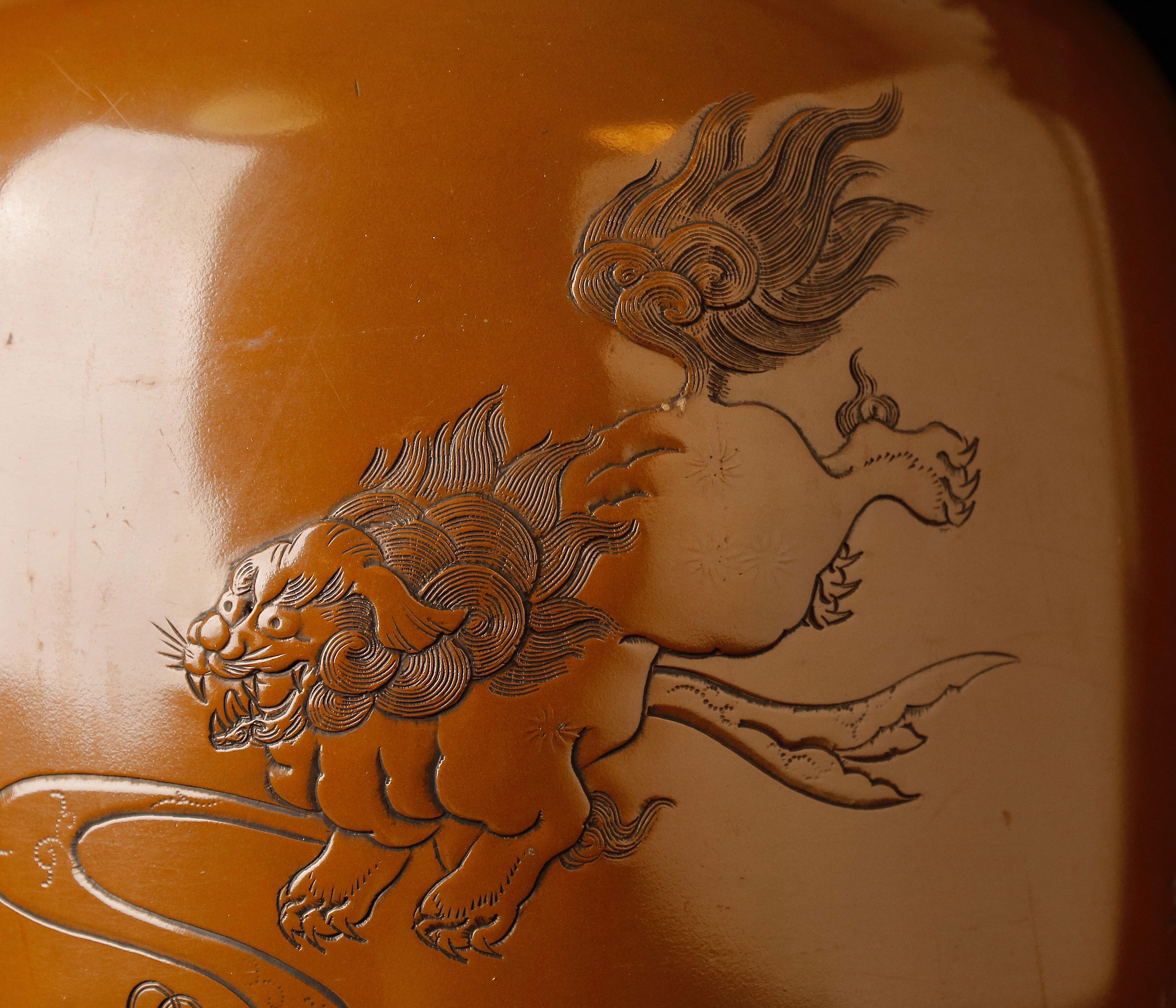 Large Bronze Vase with Shishi Lions Design For Sale 4