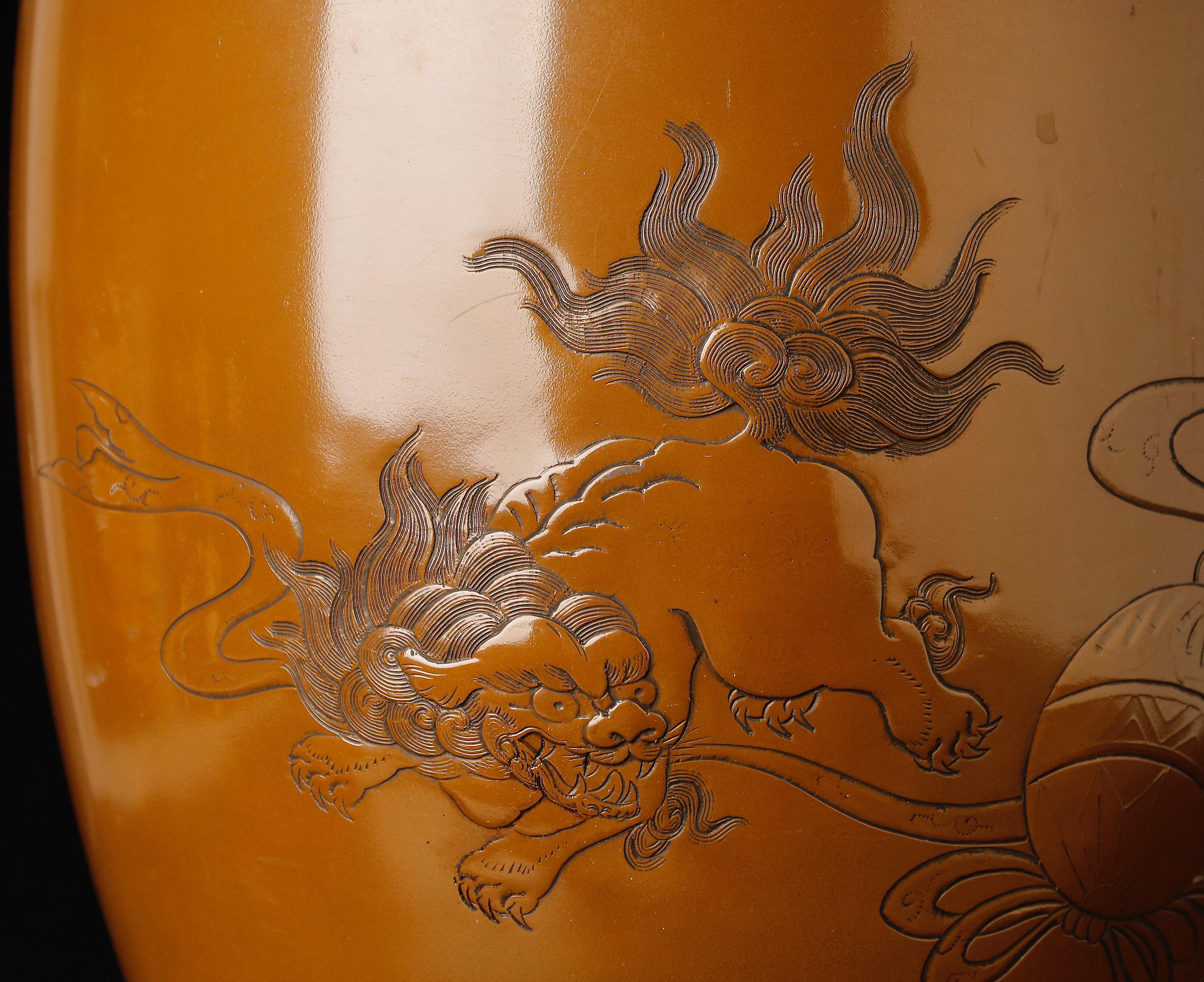 Japanese Large Bronze Vase with Shishi Lions Design For Sale