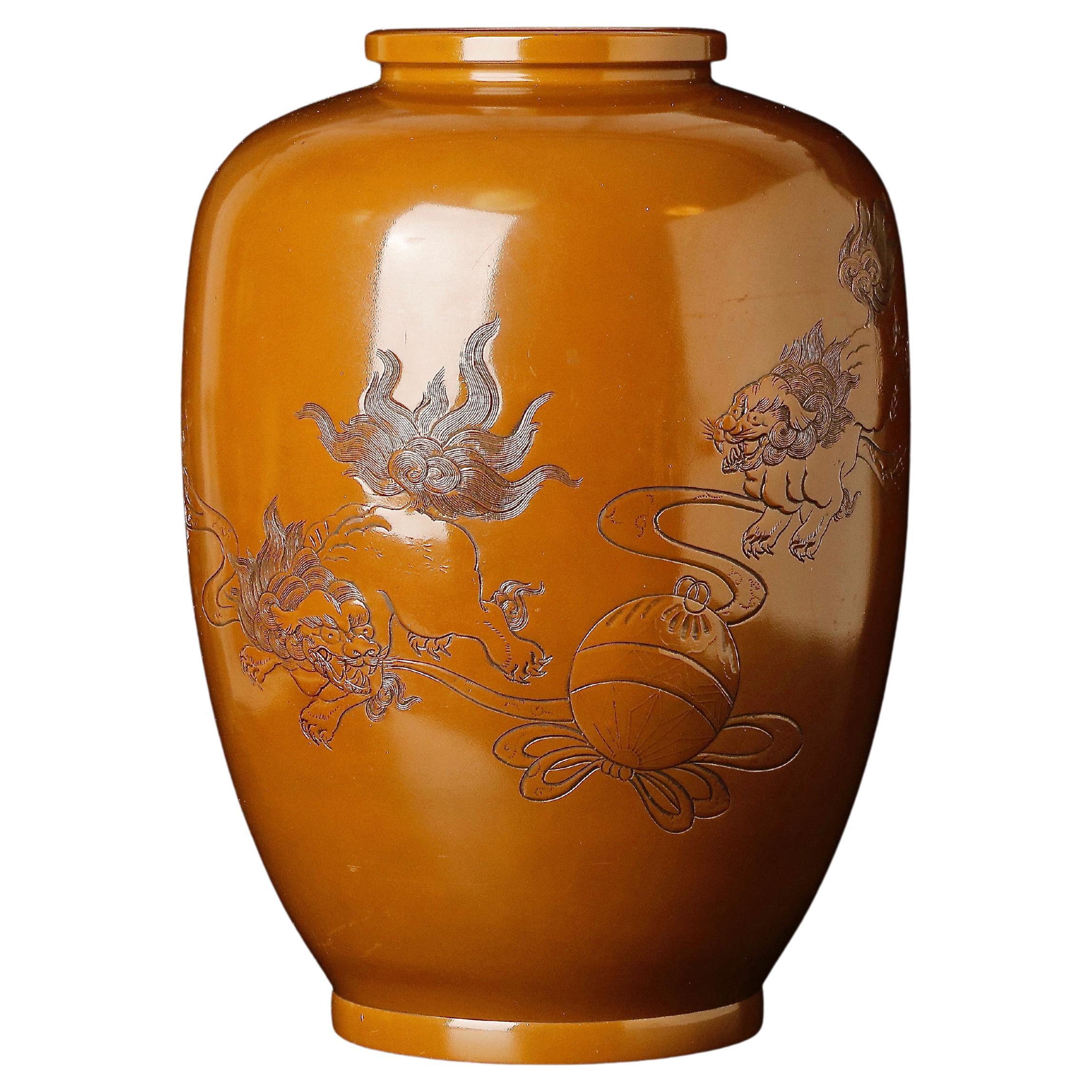 Large Bronze Vase with Shishi Lions Design For Sale
