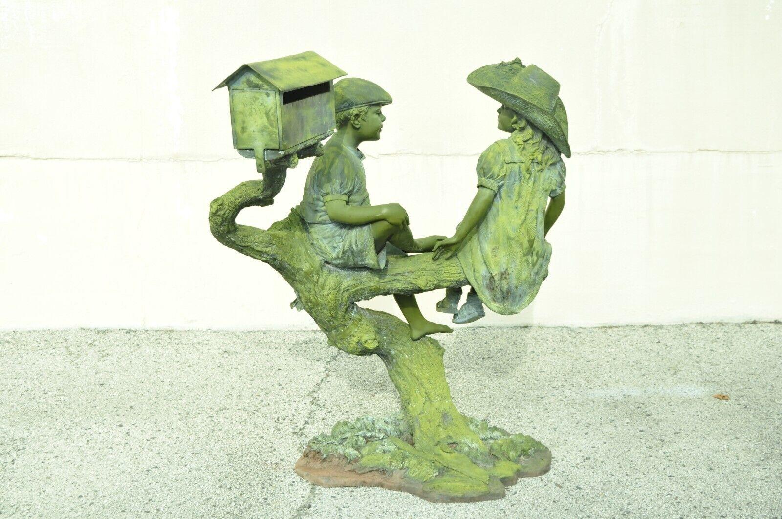 Large Bronze Verdigris Mailbox Garden Statue Boy and Girl on Tree Jim Davidson For Sale 4