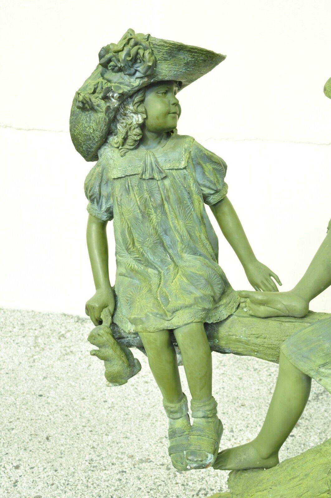 Victorian Large Bronze Verdigris Mailbox Garden Statue Boy and Girl on Tree Jim Davidson For Sale