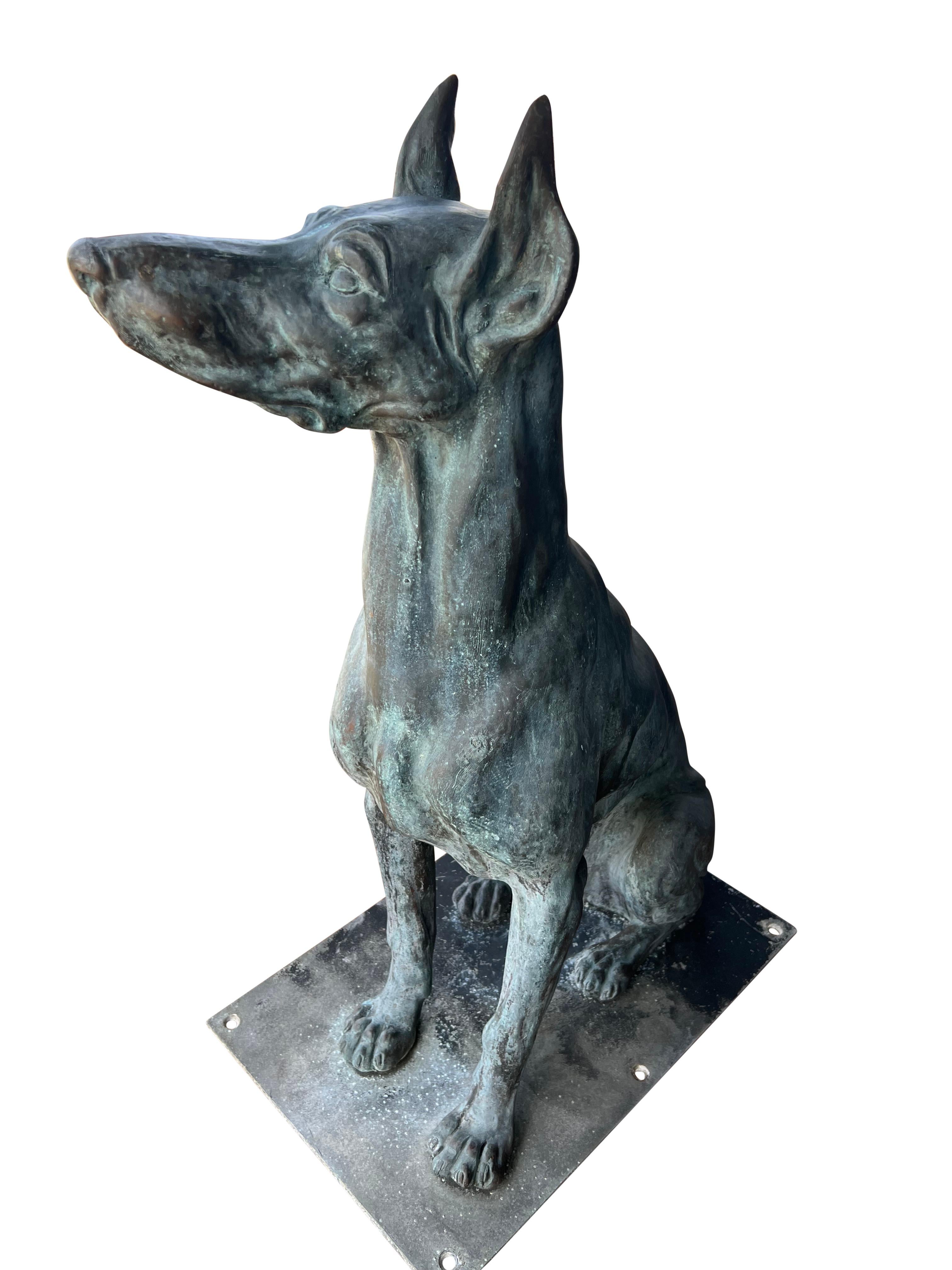 American Large Bronze Verdigris Patinated Seated Dog For Sale