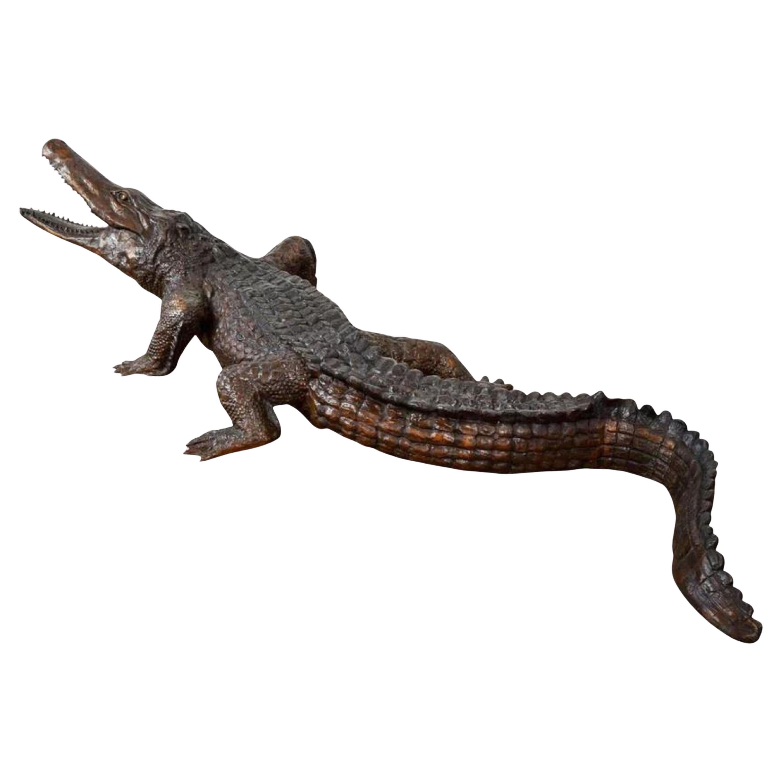 Large Bronze Walking Alligator Statue For Sale