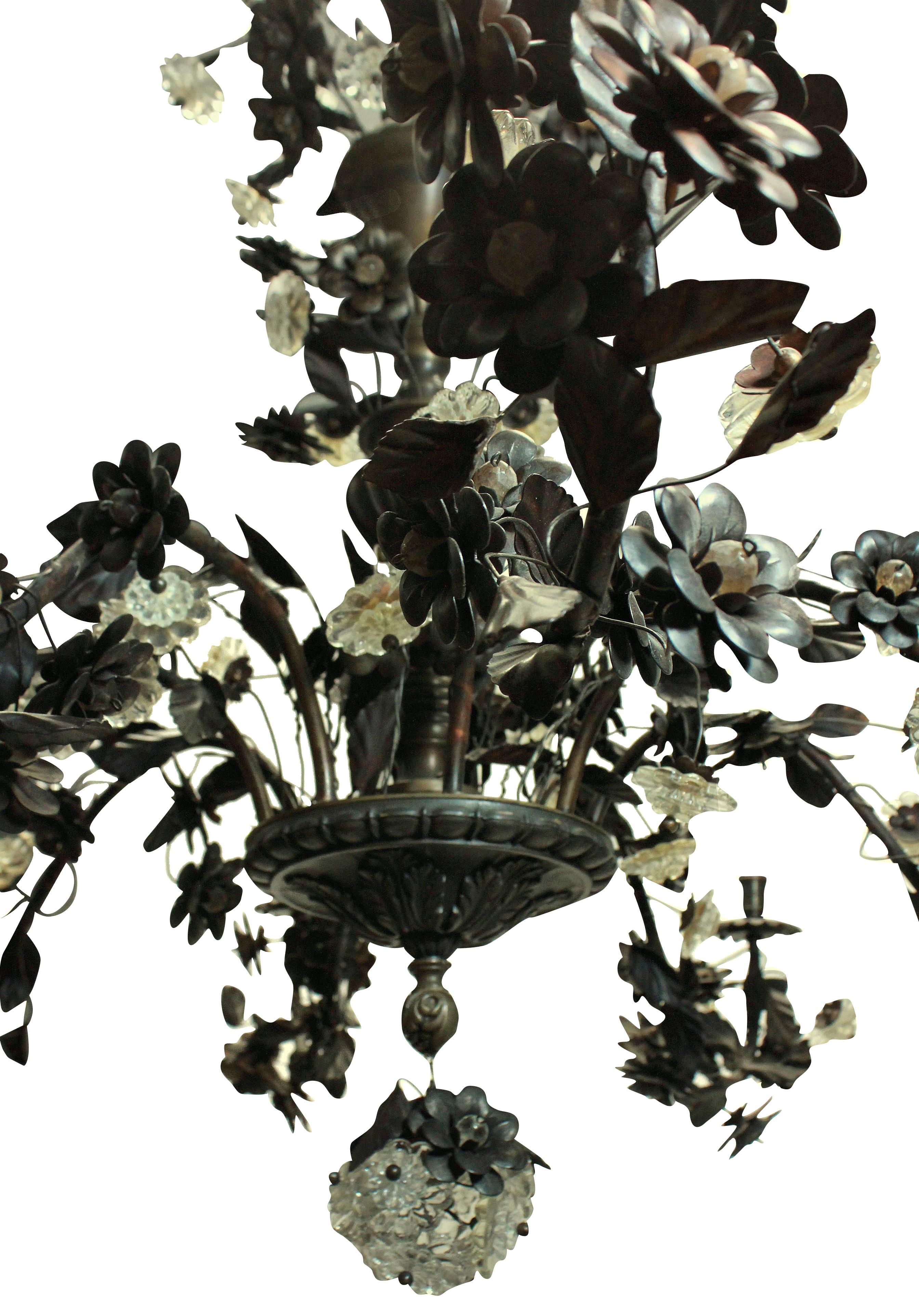 British Large Bronzed Chandelier with an Abundance of Leaves and Flowers