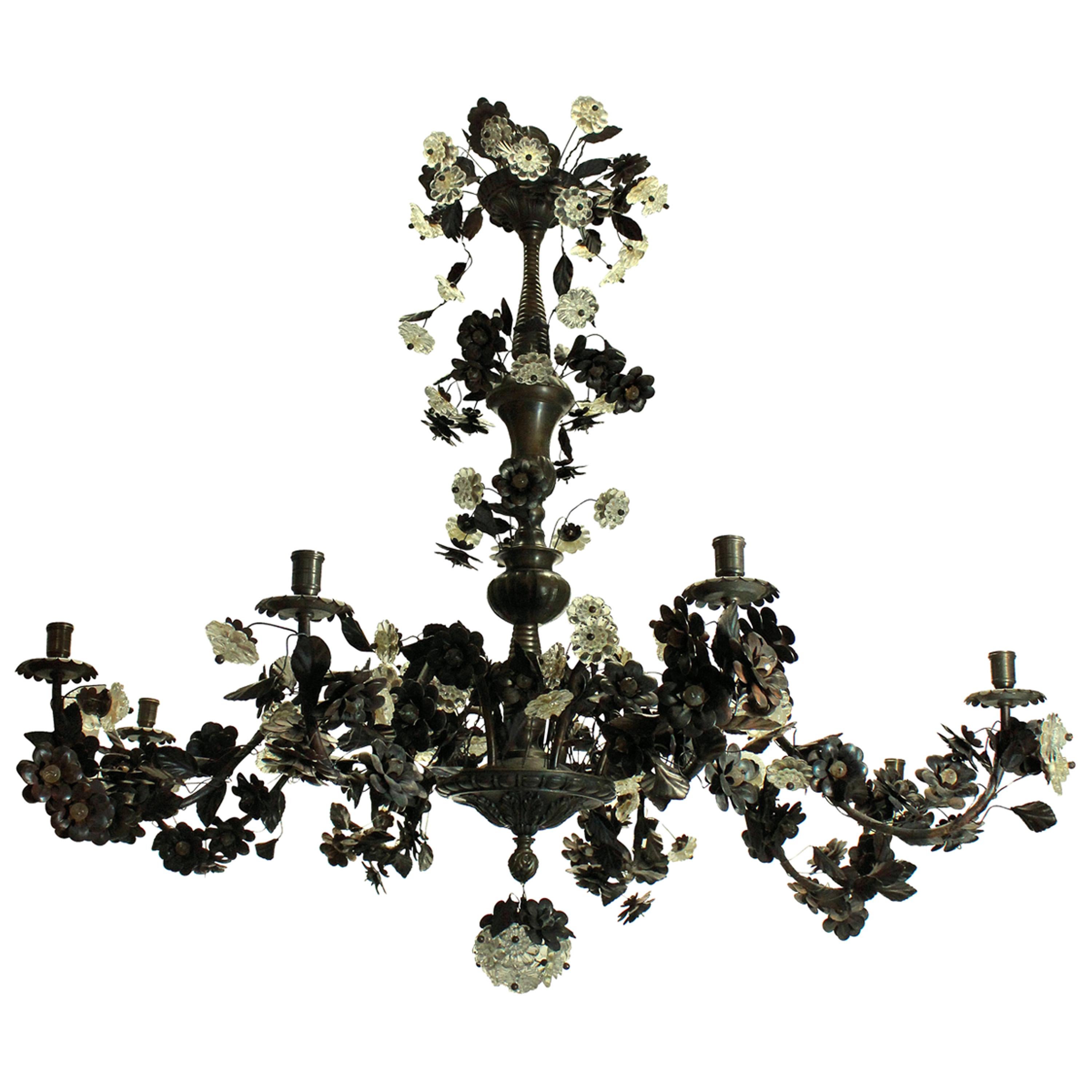 Large Bronzed Chandelier with an Abundance of Leaves and Flowers