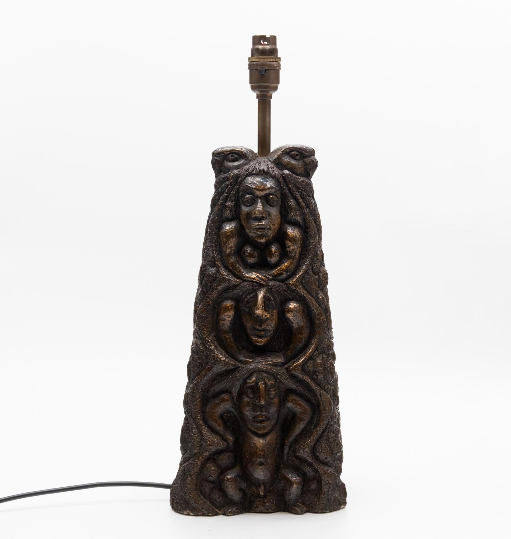 Large Bronzed Pottery Figurative Totem Tribal Form Double Sided Table Lamp 1970s For Sale 8